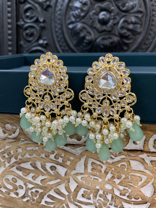 Joel gold kundan stud earring with white pearl and mint crystal