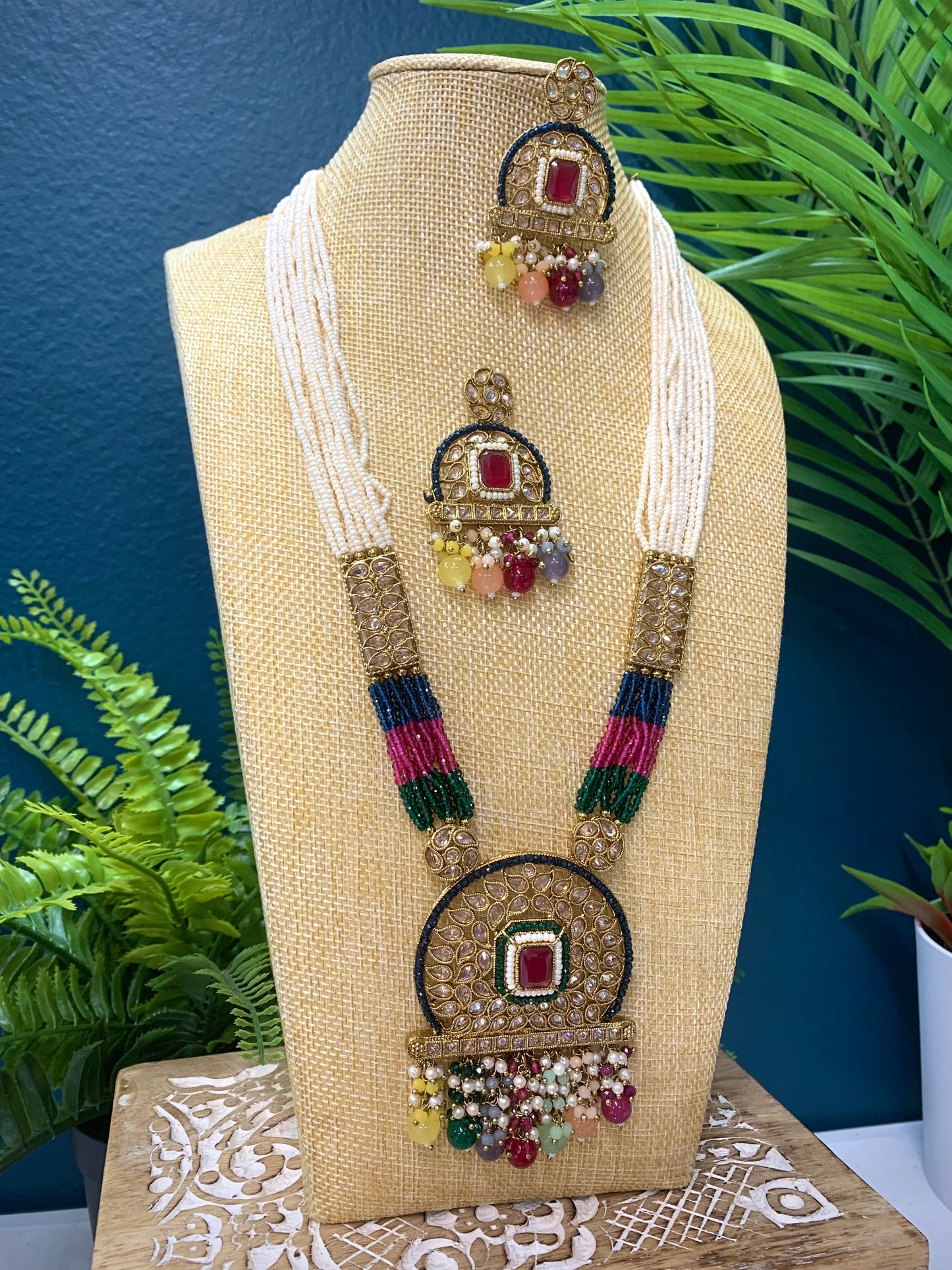 Sanju polki long mala set antique polki white multi