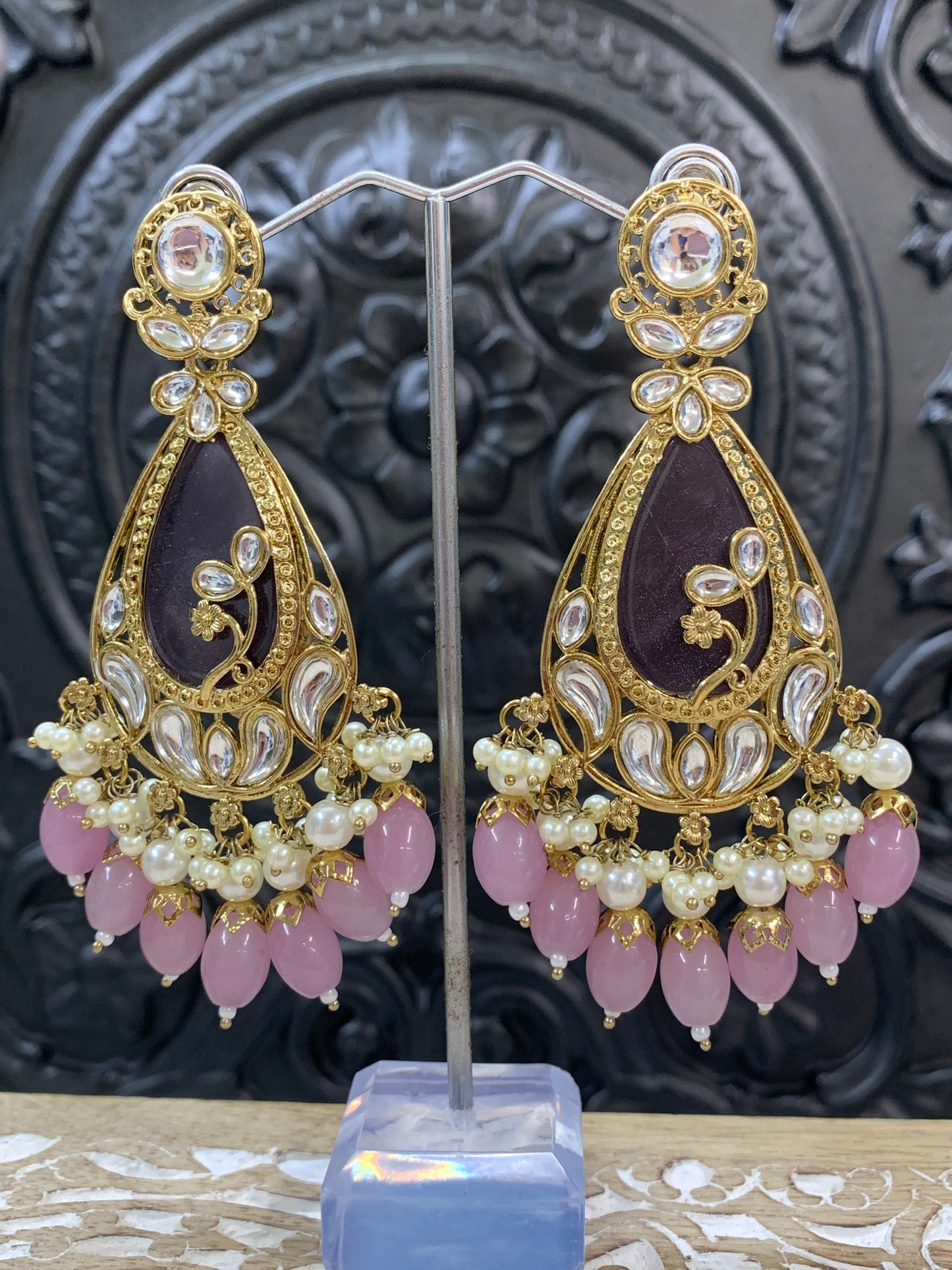 Salma kundan statement earring mauve pink