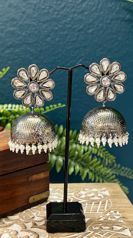 Black metal base kundan oxi German silver jhumki earring