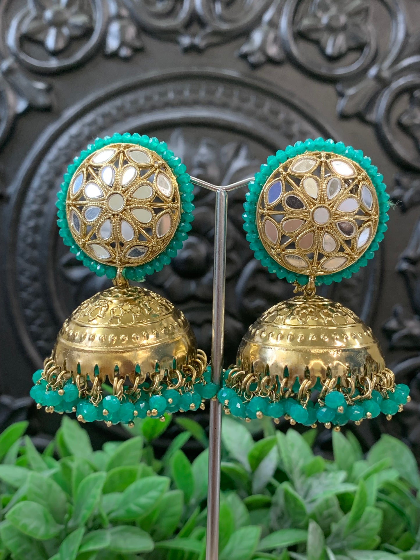Kerry mirror jhumki tikka antique gold /teal green