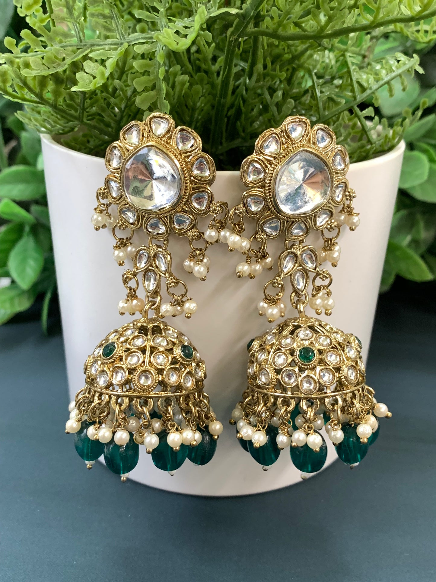 Mohini kundan jhumki/ jhumka earring emerald green