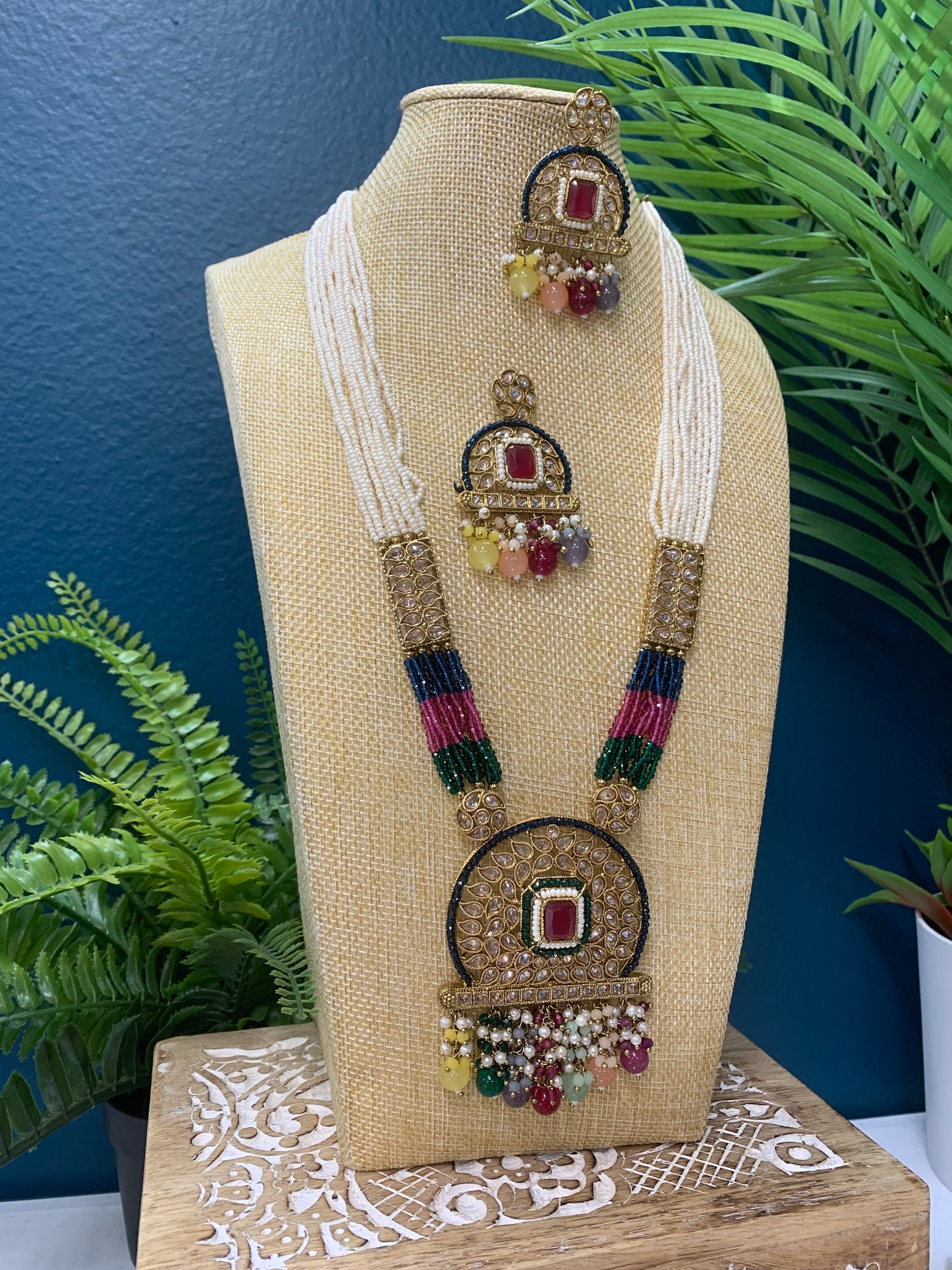 Sanju polki long mala set antique polki white multi
