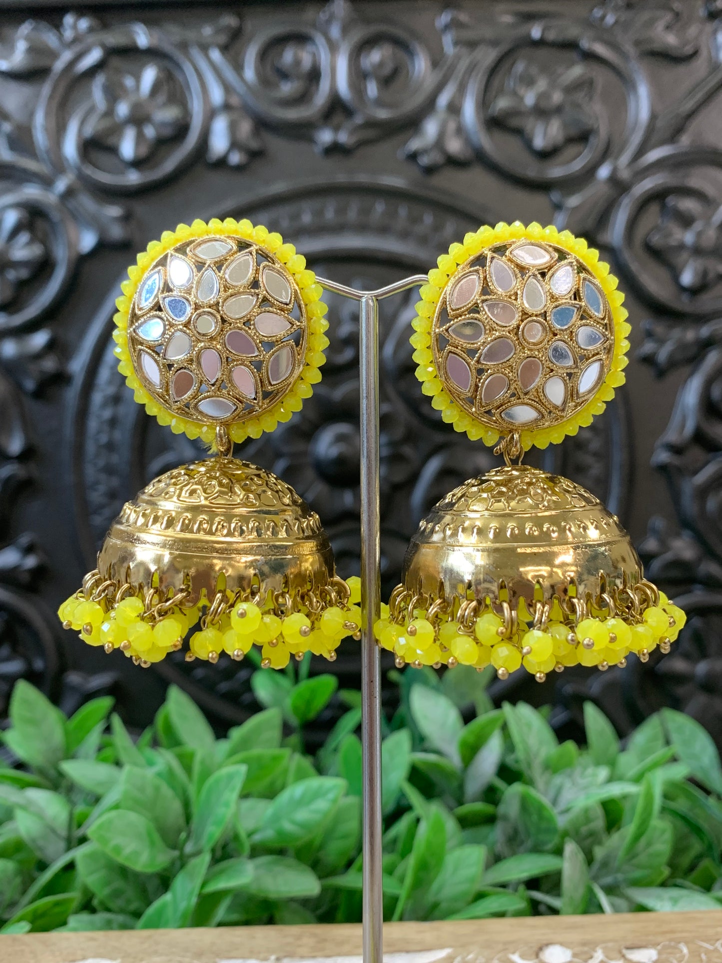 Kerry mirror jhumki tikka antique gold and pastel yellow