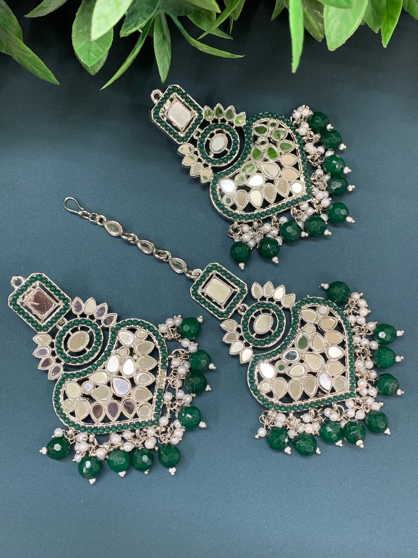 Amrita chandbali mirror earring tikka set emerald green