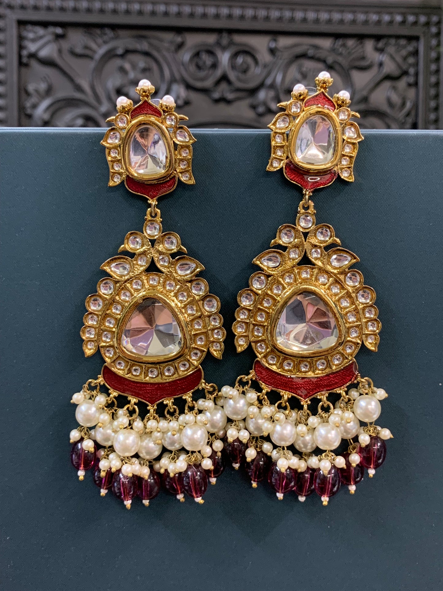 Kim kundan statement fashion earring red maroon/ burgundy