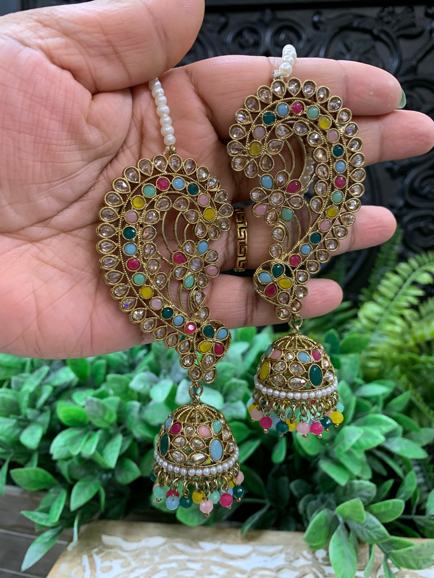 Jacklyn over the ear earring tikka jhumki sahare set Multi