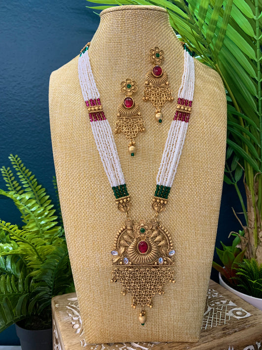 Avantika kundan temple mala set with crystal and pota stone work