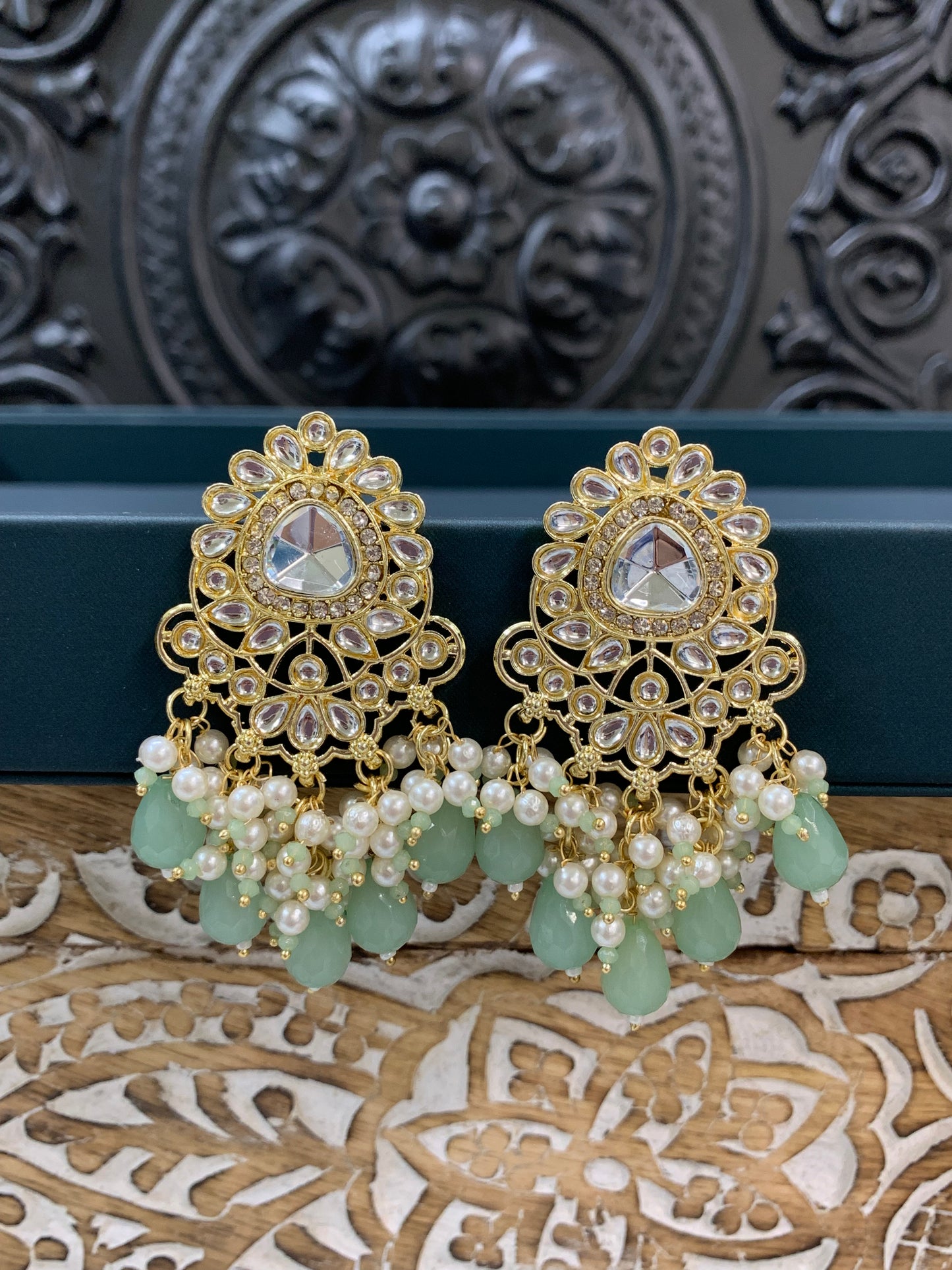 Joel gold kundan stud earring with white pearl and mint crystal