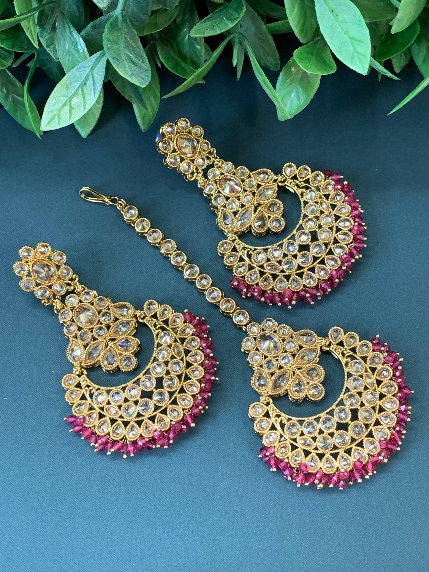 Erin reverse popki tikka set chandbali style transparent cherry red