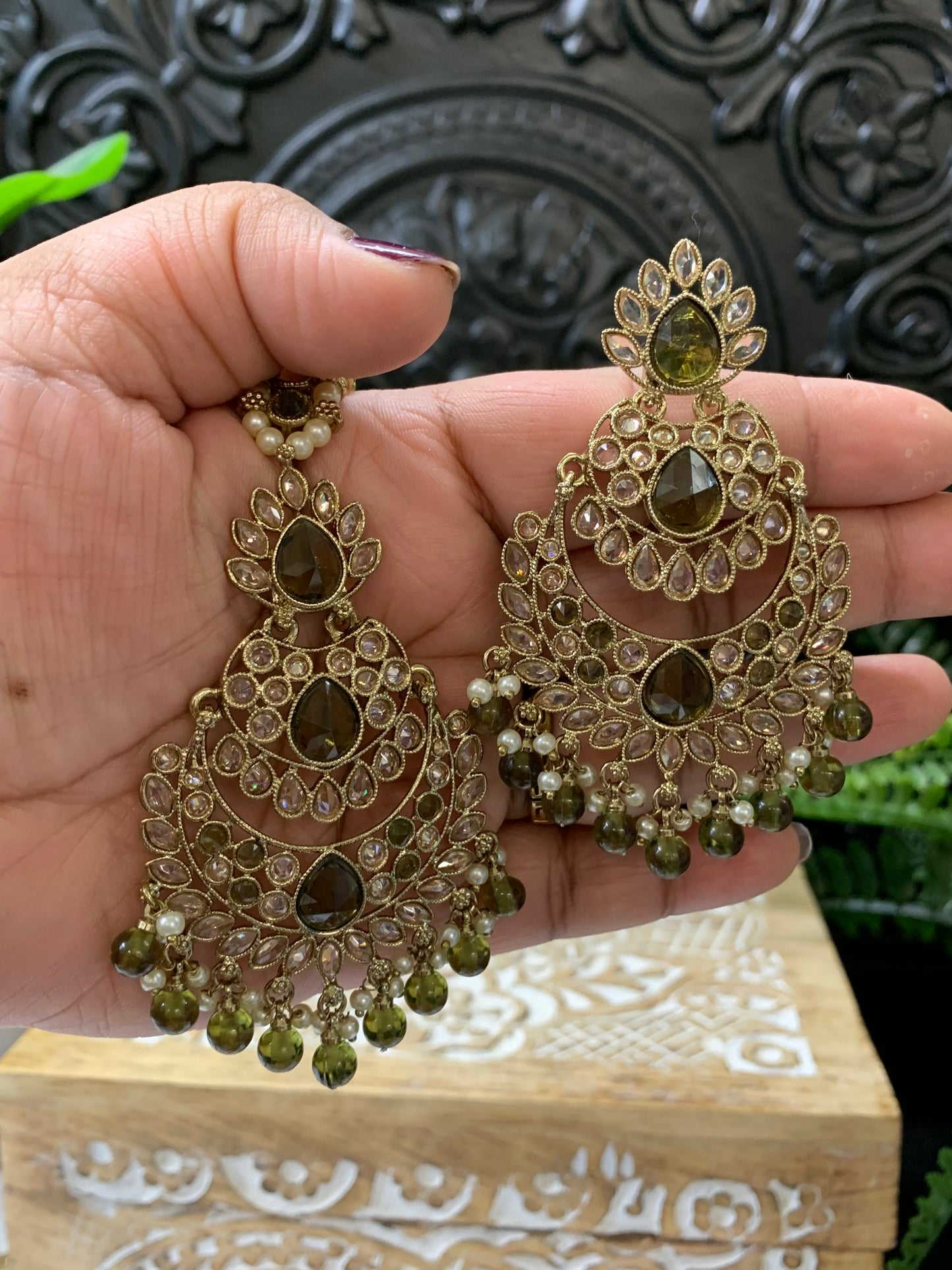 Marley reverse polki Chandbali earring tikka mahendi/olive