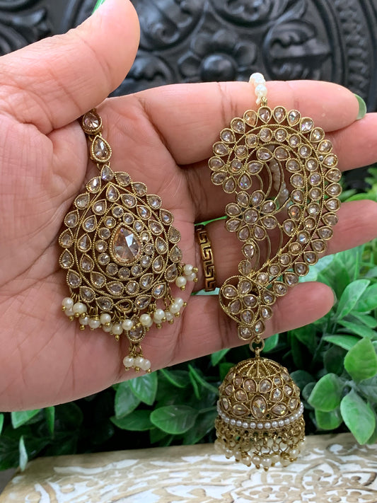 Jacklyn over the ear earring tikka jhumki sahare set pearl