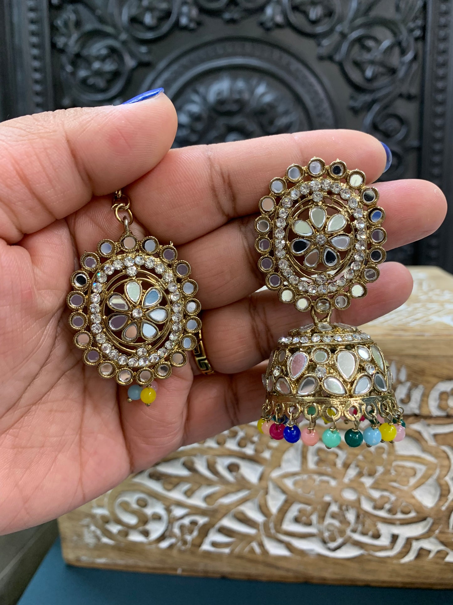 Kate mirror jhumki tikka antique multi
