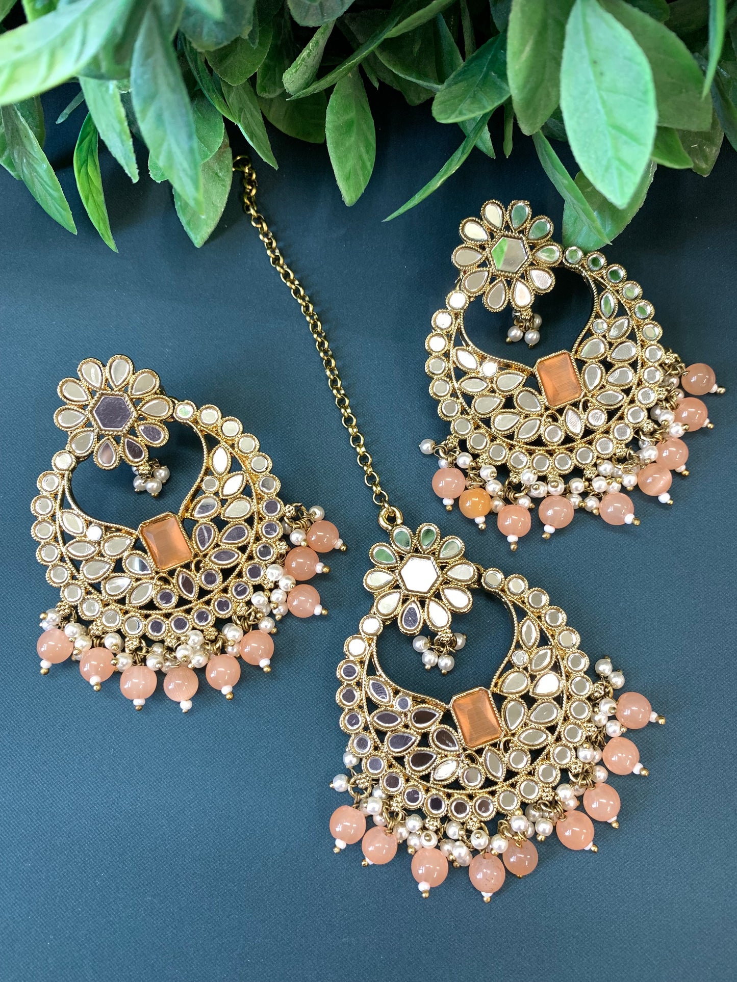 Judy chandbali mirror Tikka set nude peach