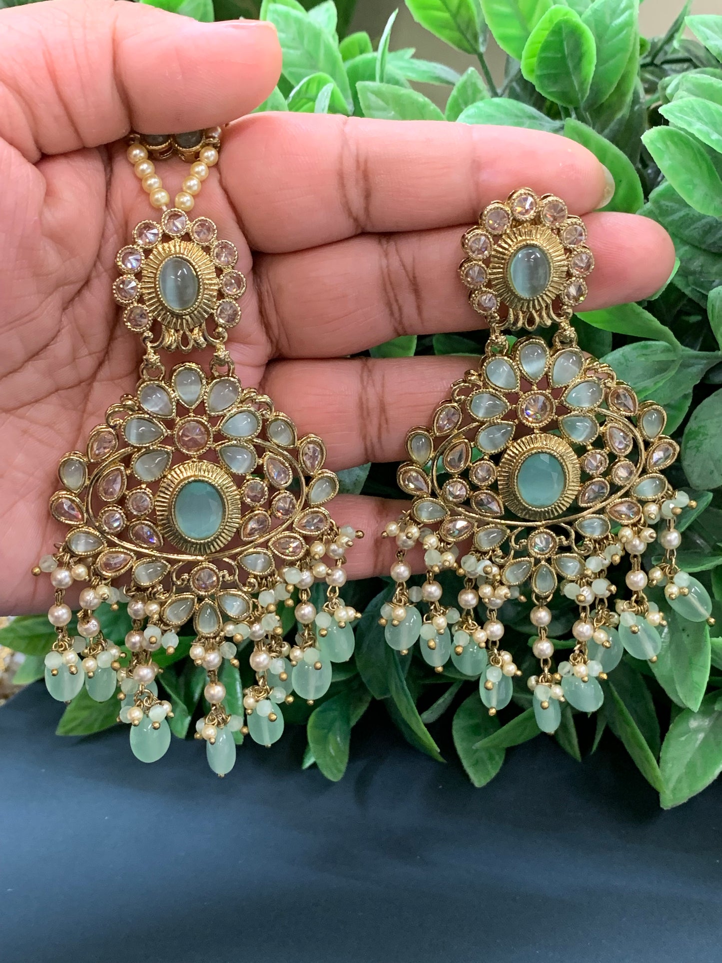 Ravi reverse polki earring tikka set with pearl and pistachio green glass drop