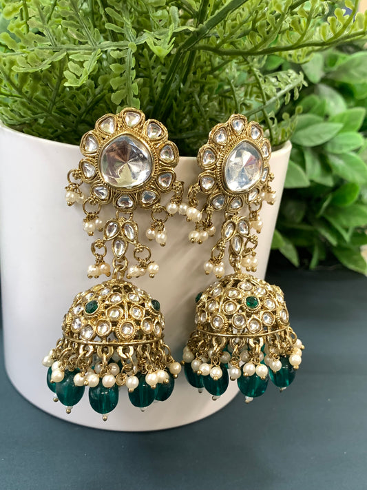 Mohini kundan jhumki/ jhumka earring emerald green