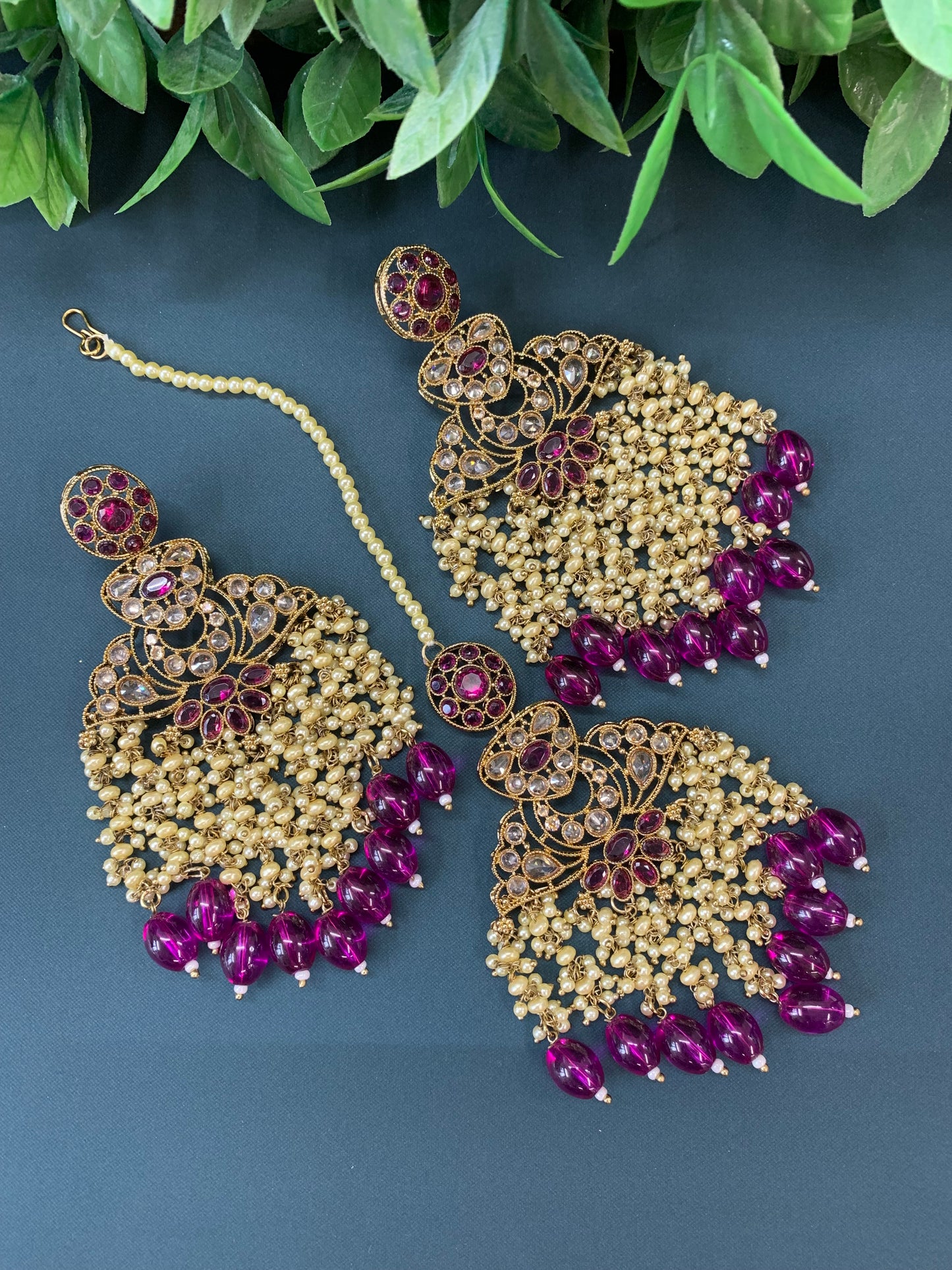 Cara statement polki earring tikka set pearl details and purple