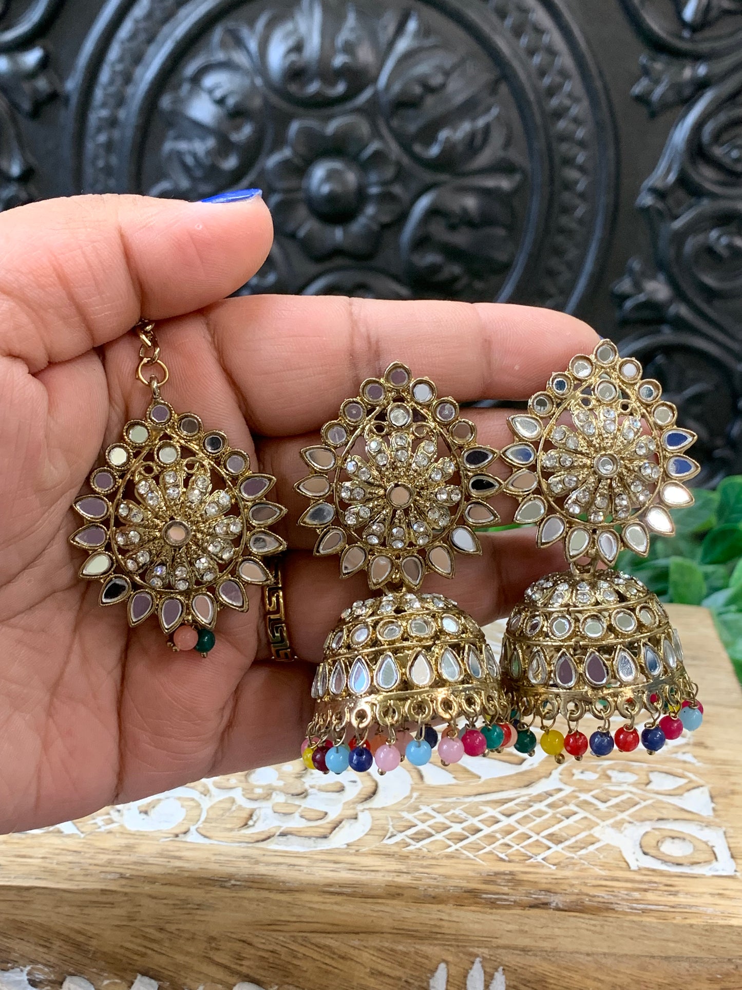 Dana mirror jhumki tikka antique gold and multi