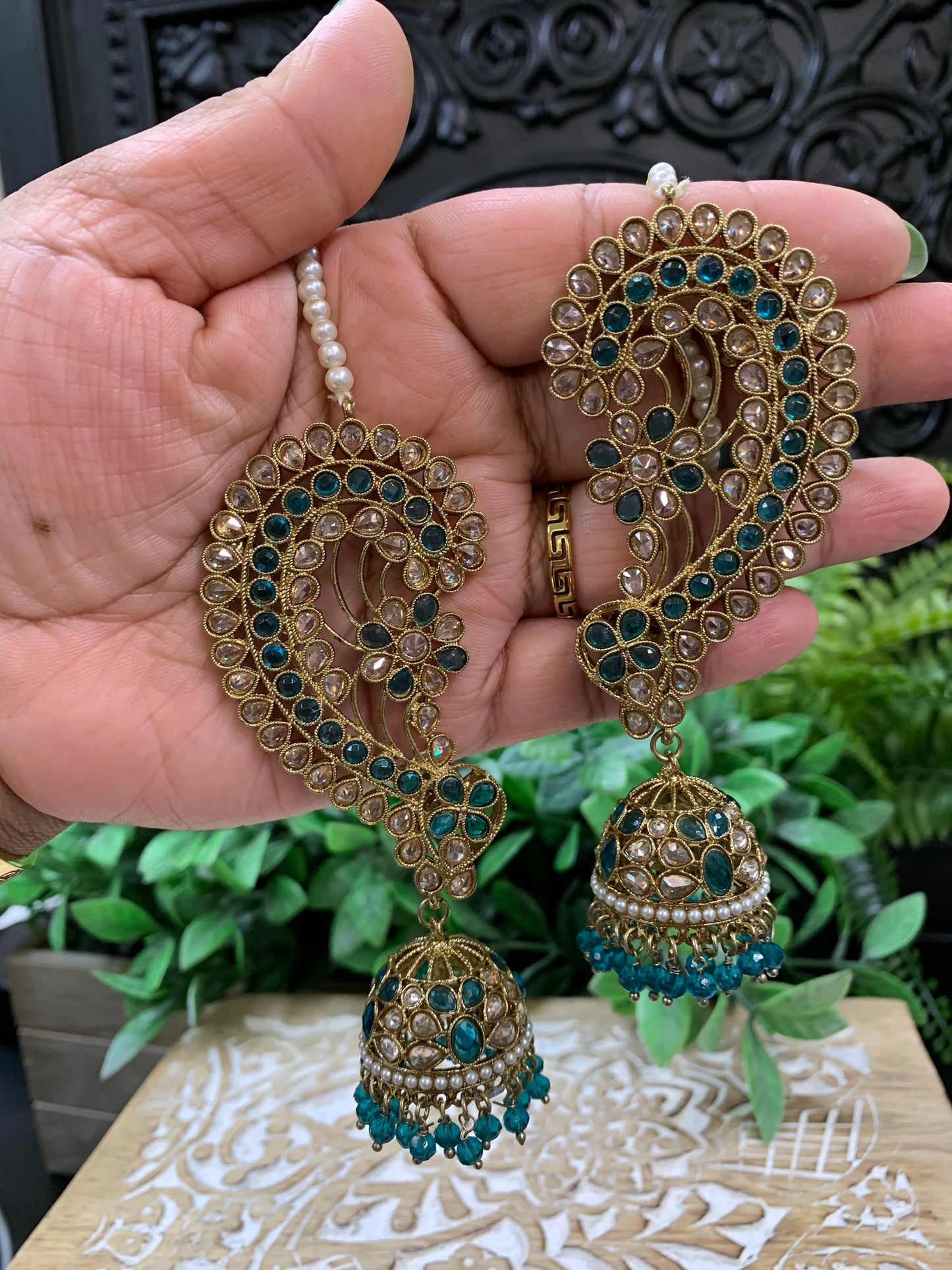 Jacklyn over the ear earring tikka jhumki sahare set peacock green teal