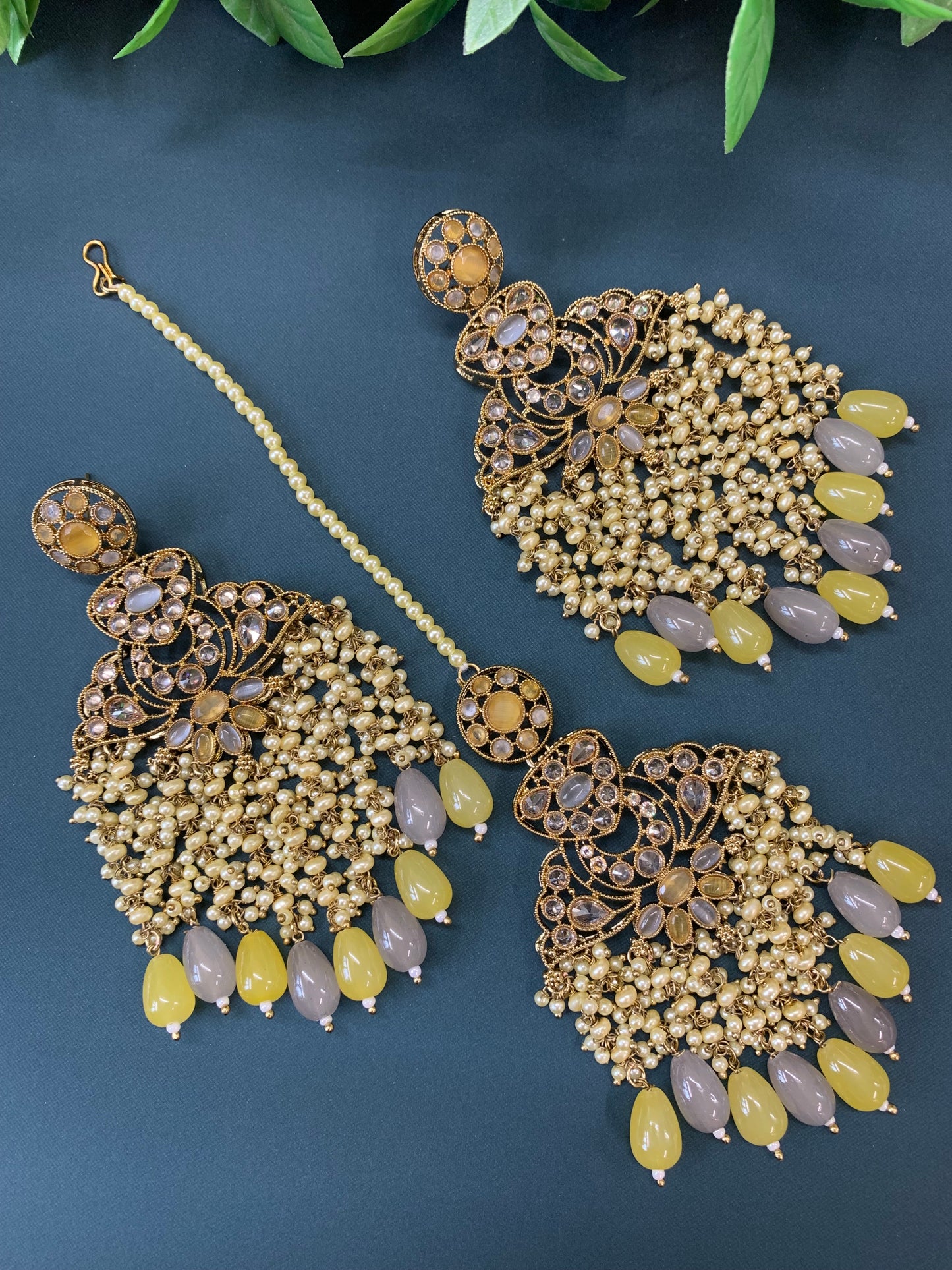 Cara statement polki earring tikka set pearl details and grey yellow multi