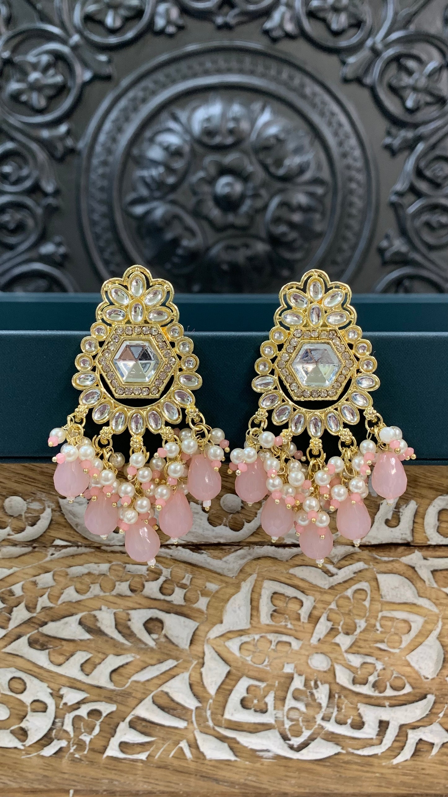 Jill gold kundan stud earring with crystal drops blush pink