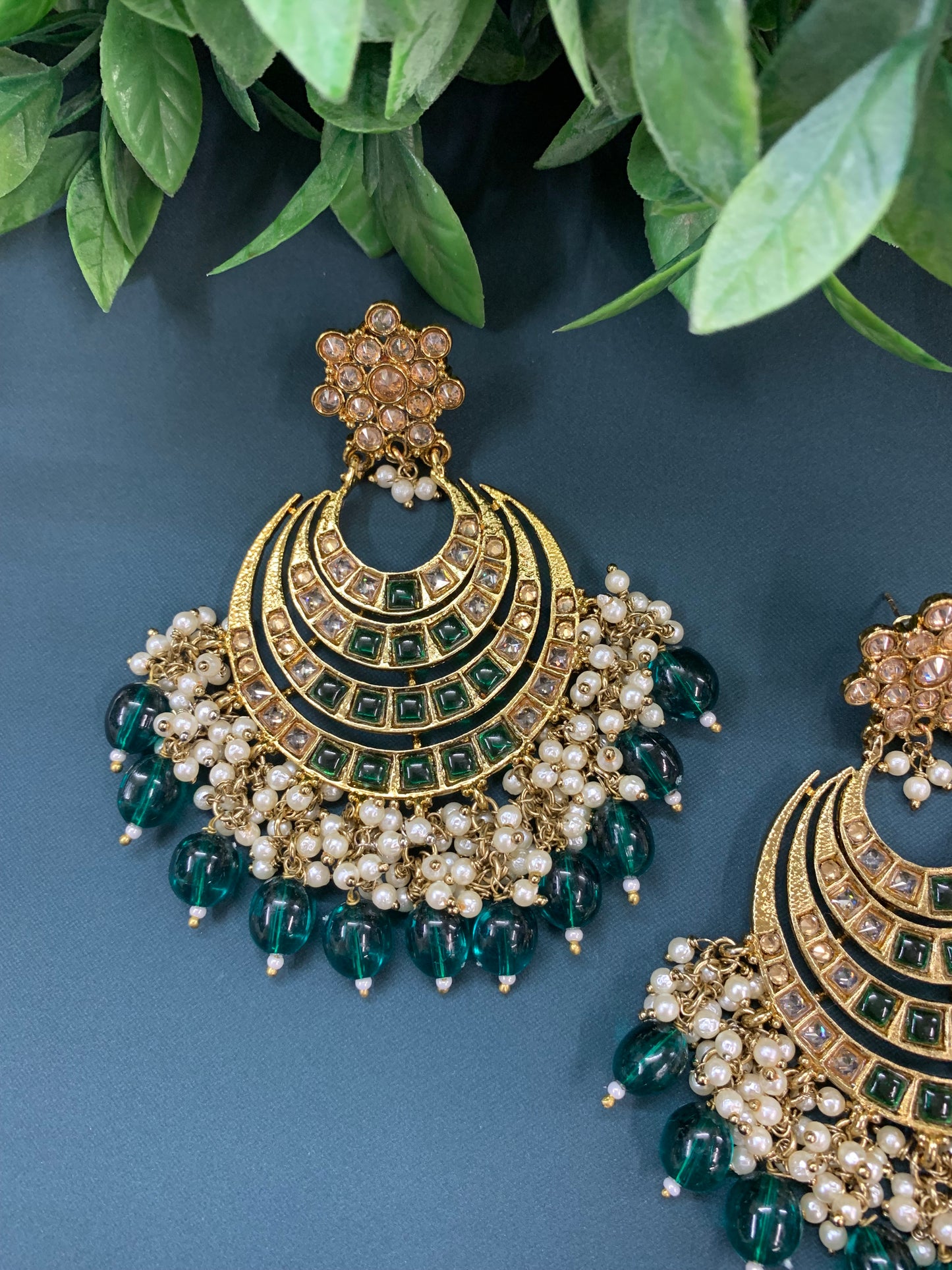 Bloom polki chandbali earring antique/ emerald green