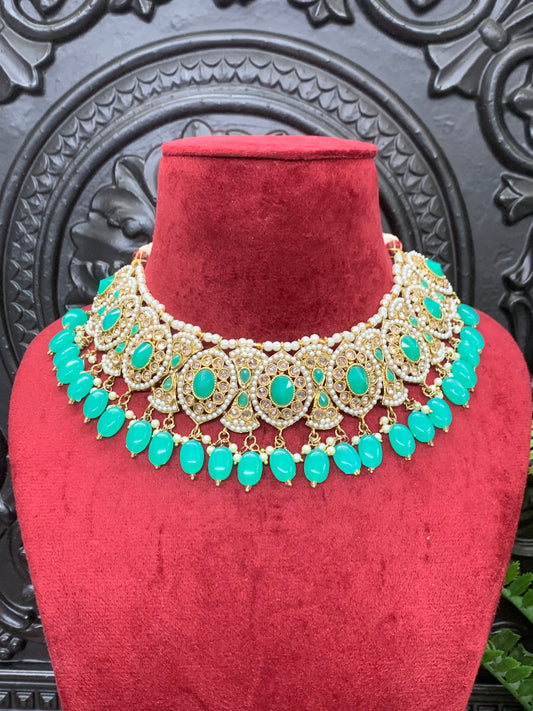 Polki choker necklace antique stone and white pearl turquoise beads