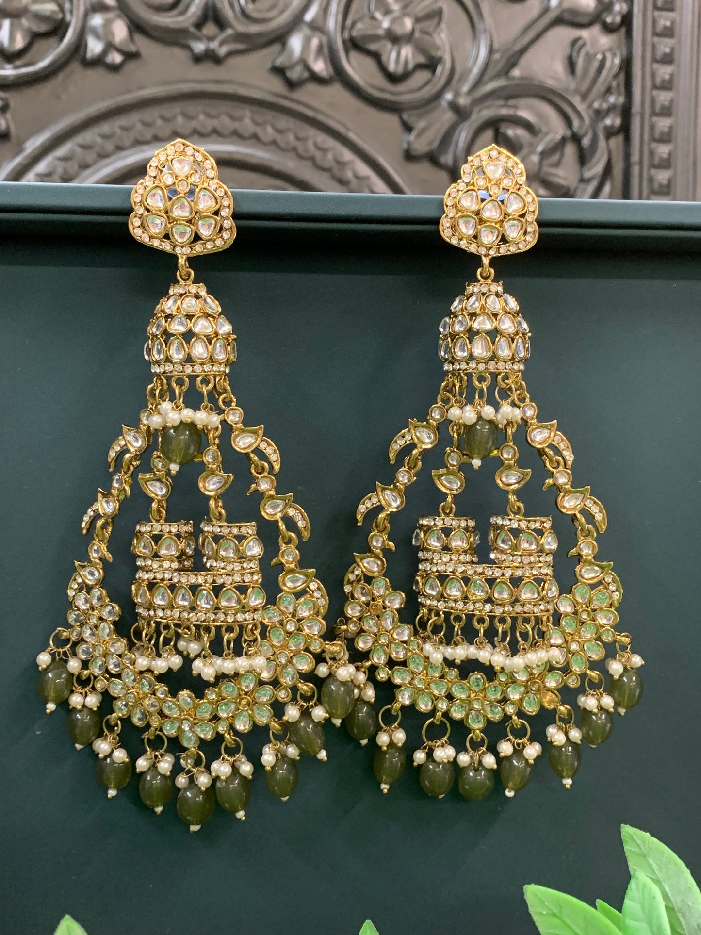 Nicole kundan fashion statement earring set gold/olive green/mahendi