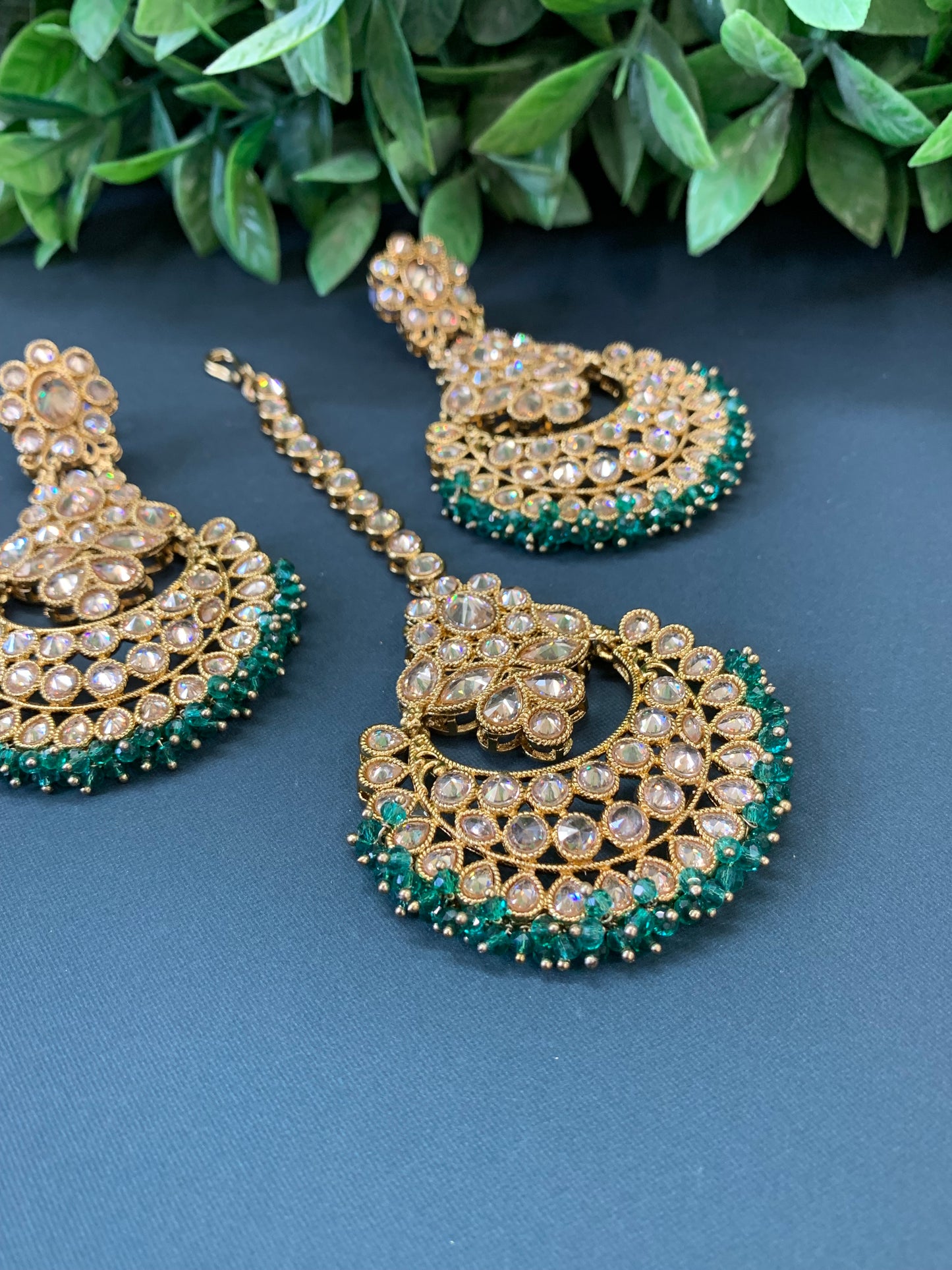 Erin reverse popki tikka set chandbali style transparent teal green