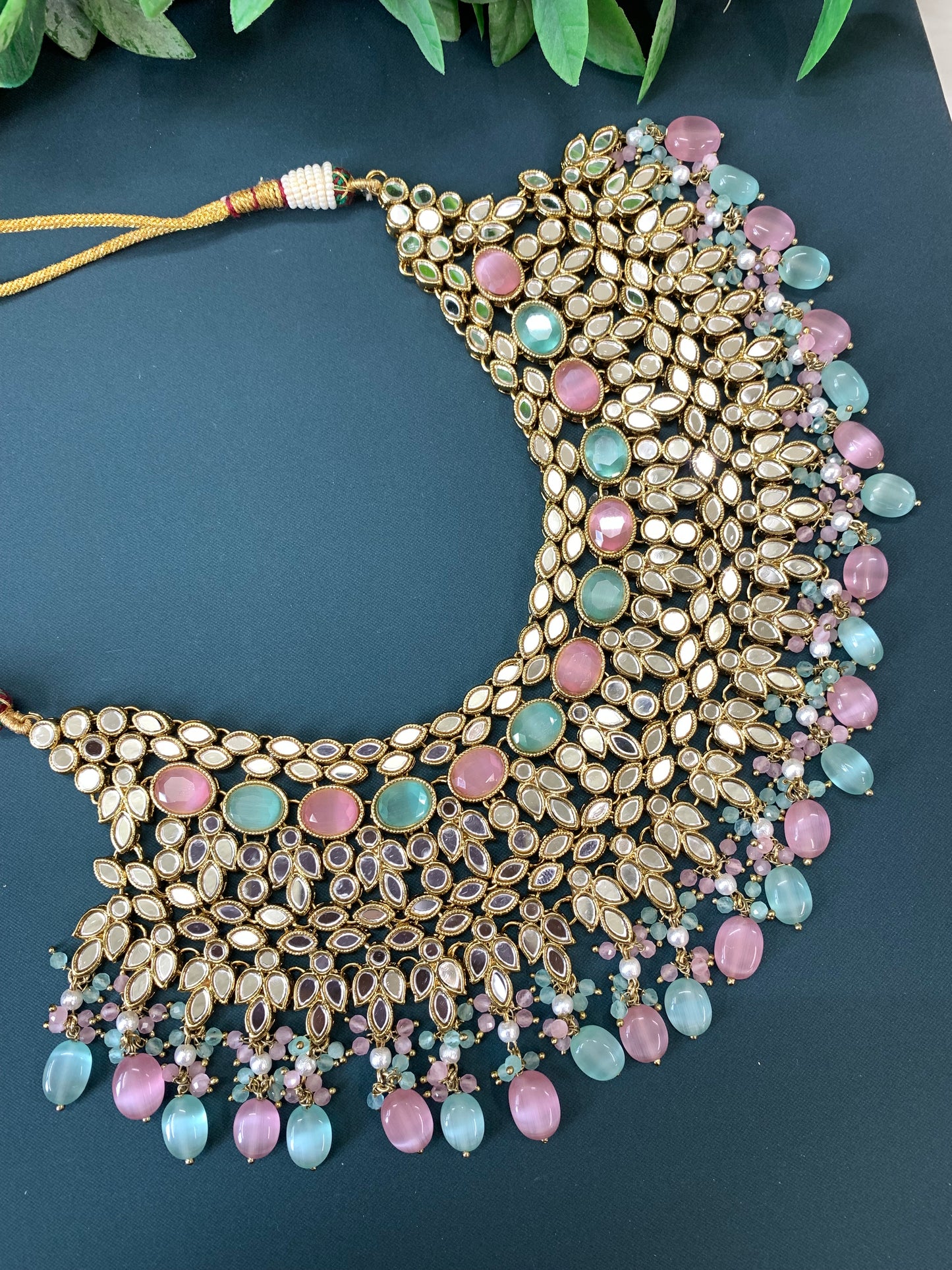 Leena mirror necklacr set with matching jhunki and tikka pastel multi