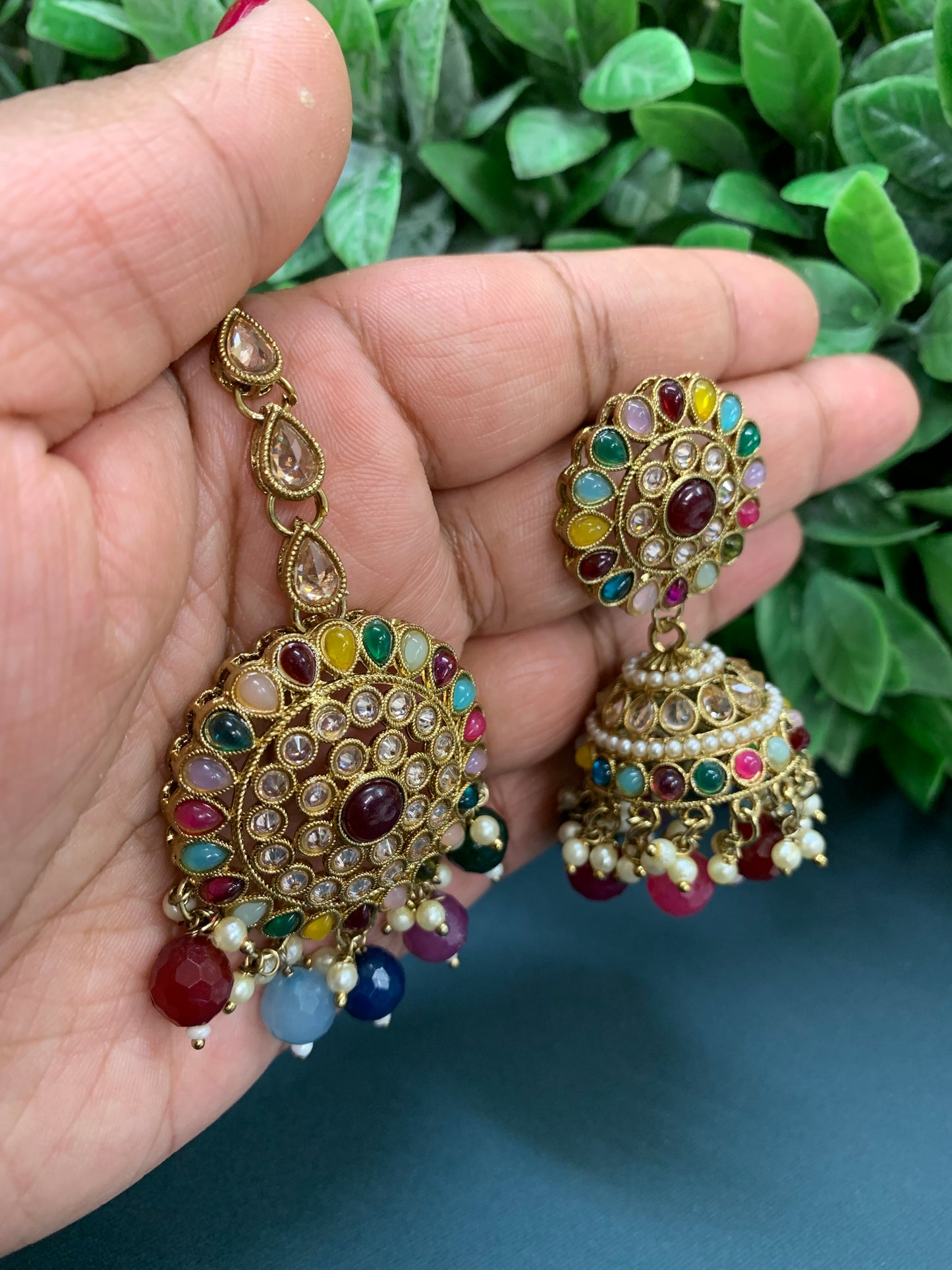 Antique polki gold jhumki tikka gold /pearl and multicolor stone details