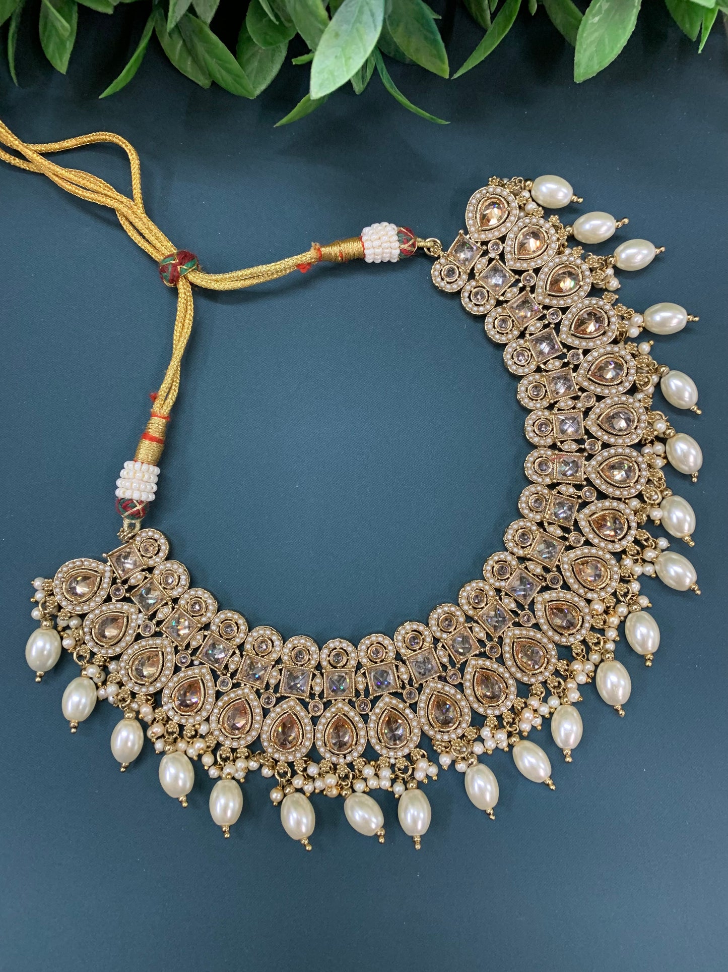 Reagan polki necklace set with matching Chandbali and tikka set gold/white/pearl