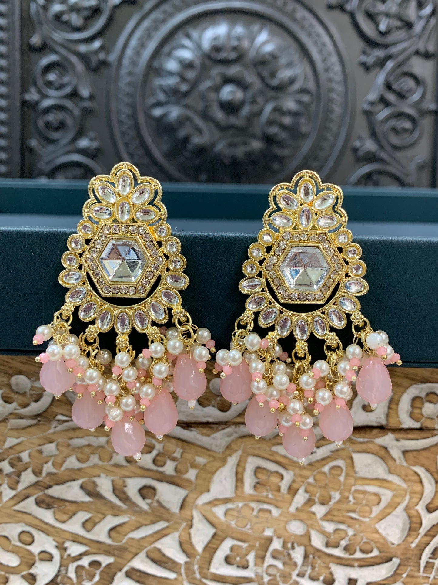 Jill gold kundan stud earring with crystal drops blush pink