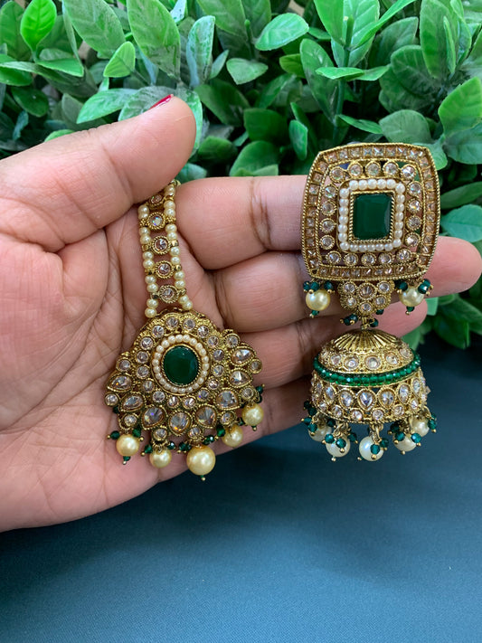 Hania emerald green polki jhumki tikka set