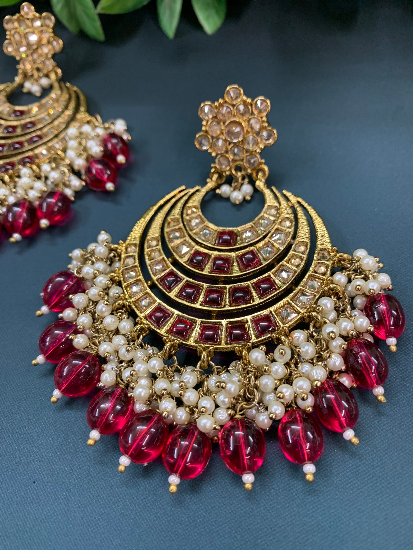 Bloom polki chandbali earring antique/ cherry red