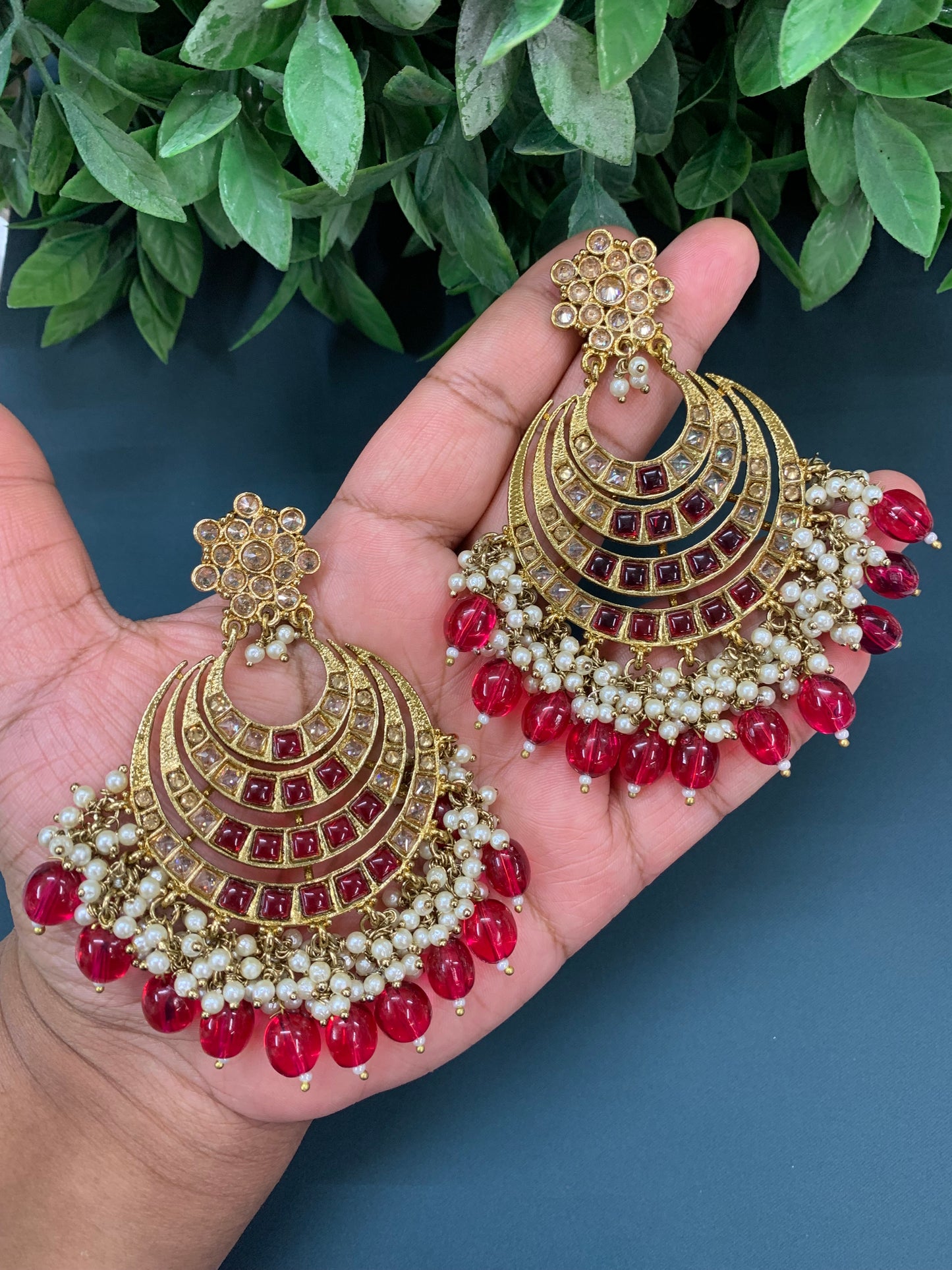 Bloom polki chandbali earring antique/ cherry red