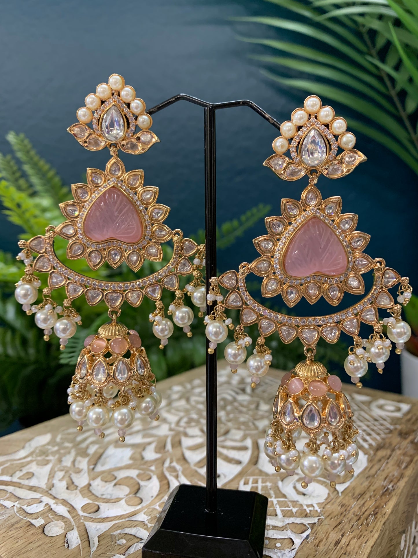 Crystal Kundan chandbali earring in pale pink