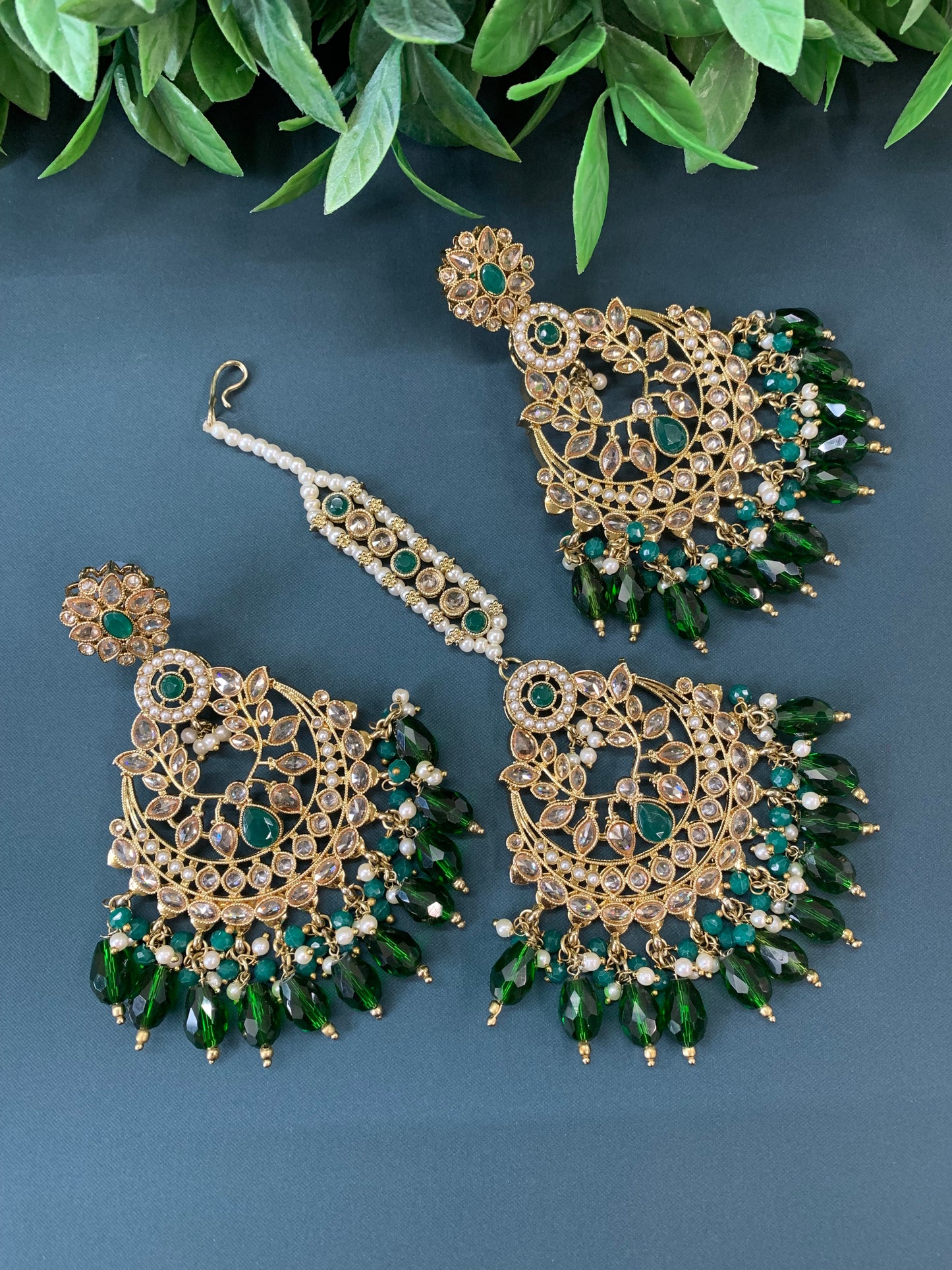 Bulbul polki statement earring tikka set antique gold/ crystal emerald green