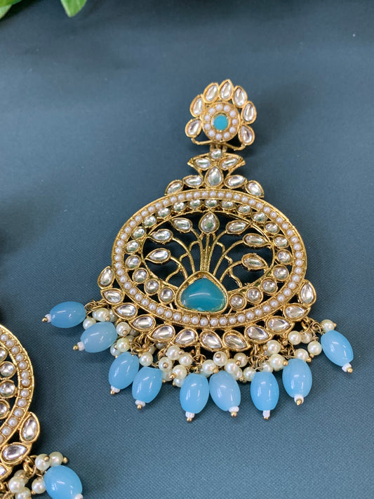 Mita kundan fashion chandbali style earring set light blue