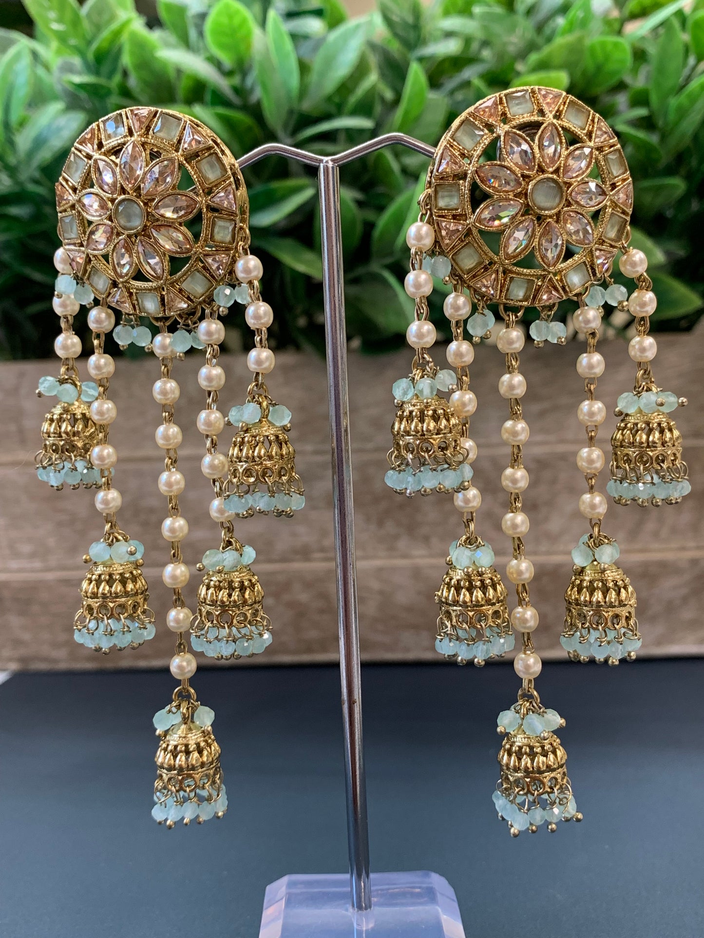 Rowan polki jhumki earring antique polk/ gold /mint green