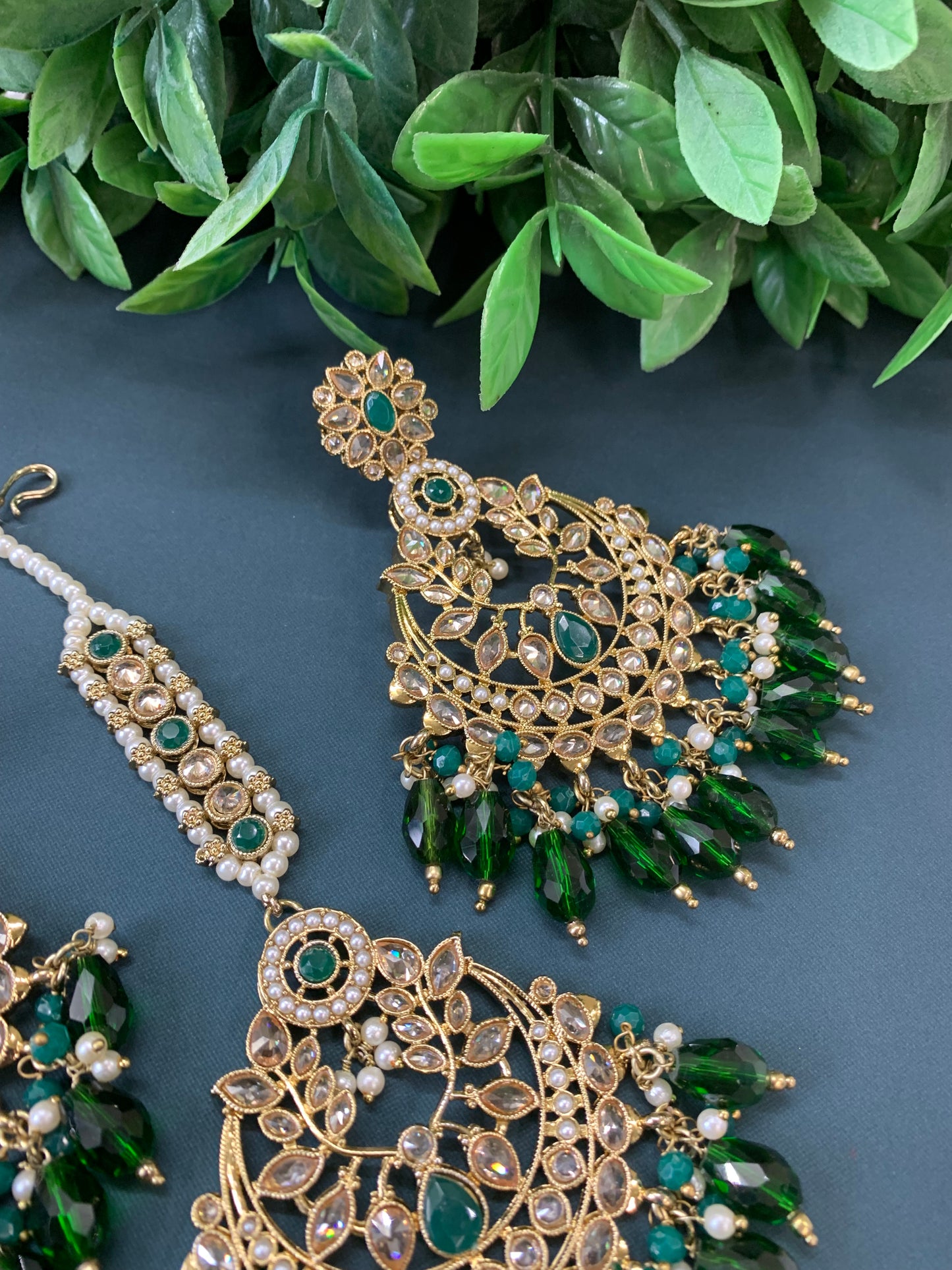 Bulbul polki statement earring tikka set antique gold/ crystal emerald green