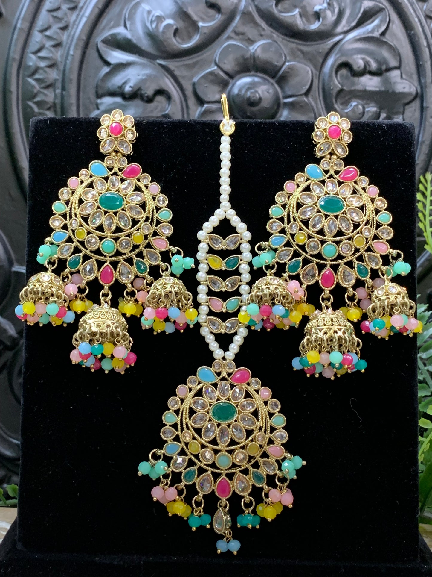 Kiana polki triple jhumki Chandbali style earring with matching tikka multi