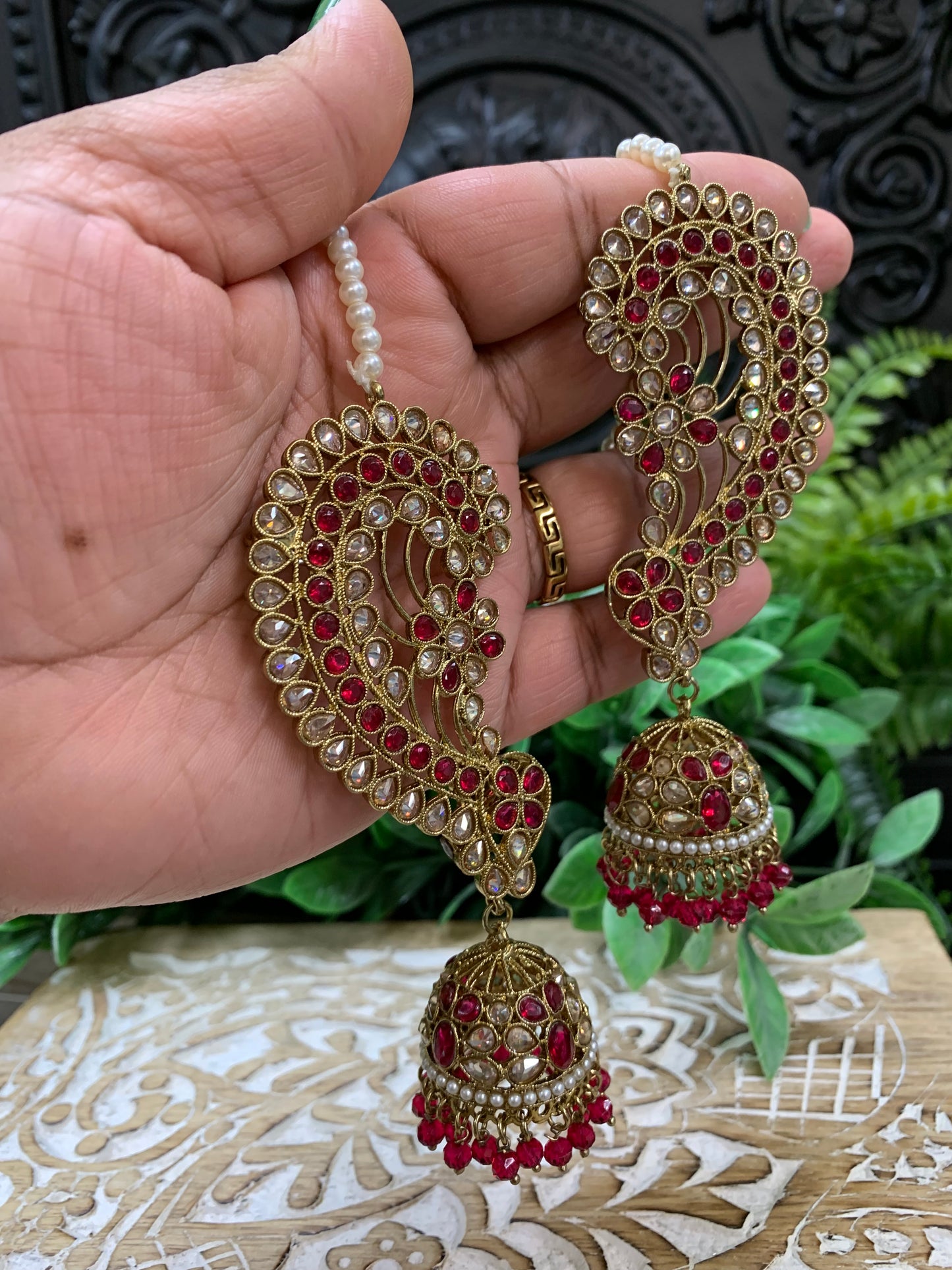 Jacklyn over the ear earring tikka jhumki sahare set cherry red