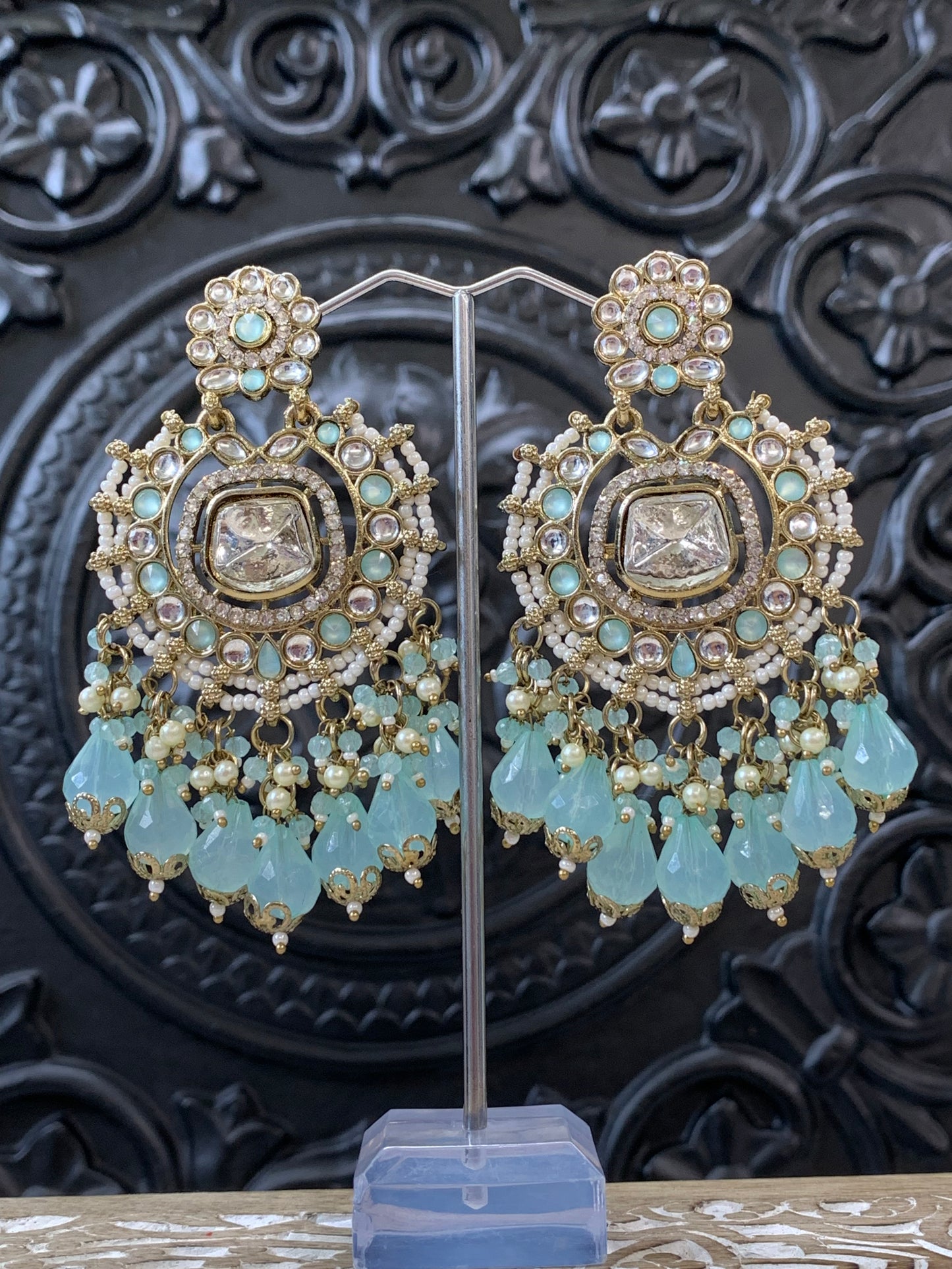 Isabella statement kundan chandbali fashion earring baby blue / sky blue / light blue