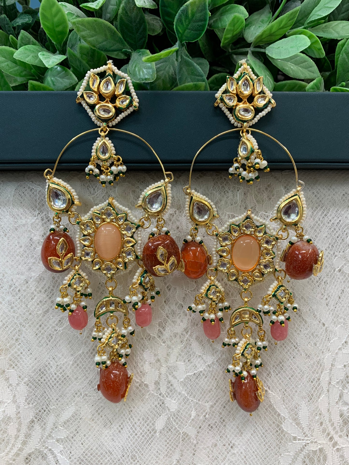 Phool Kundan chandbali earring burnt red