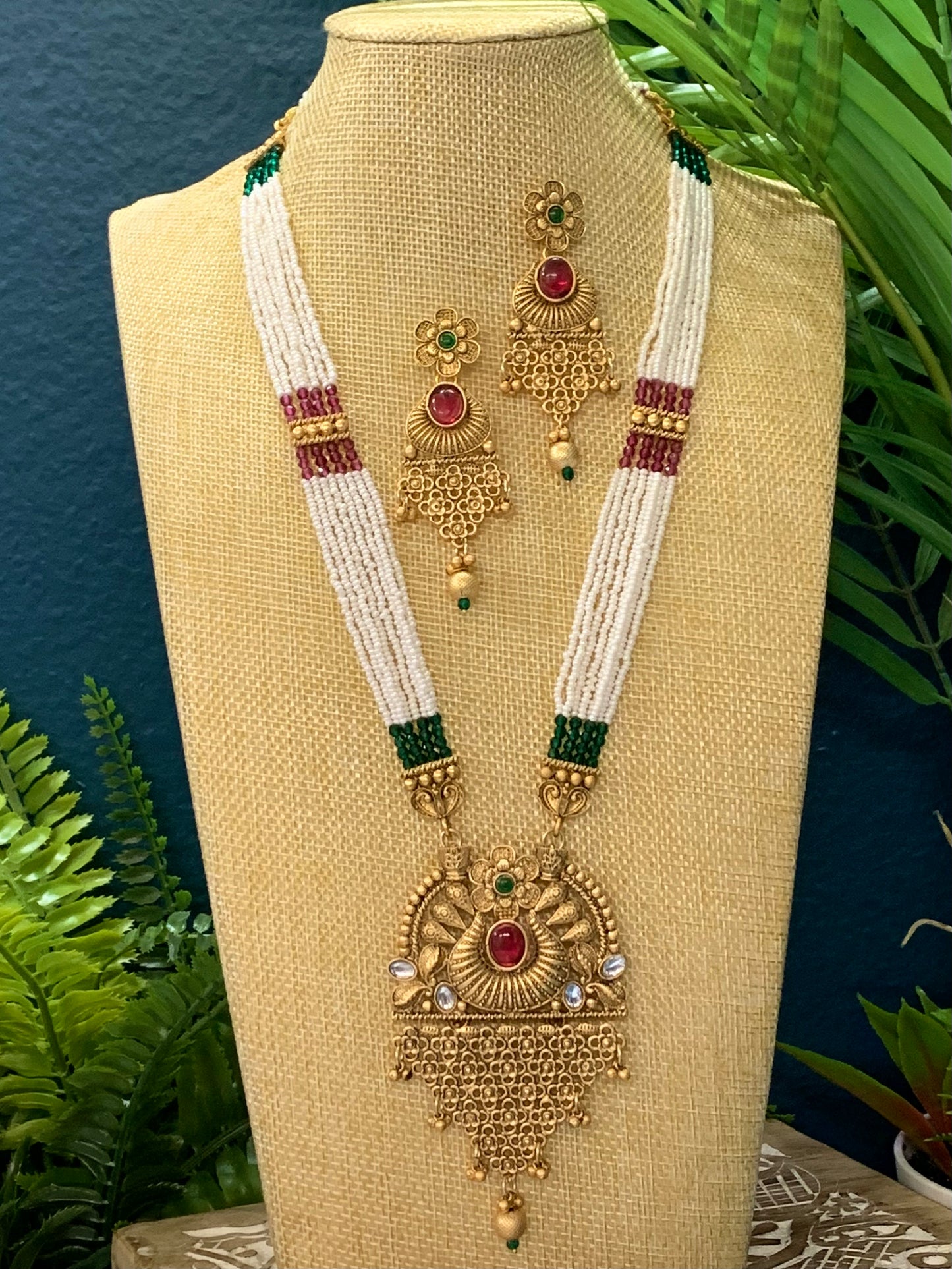 Avantika kundan temple mala set with crystal and pota stone work