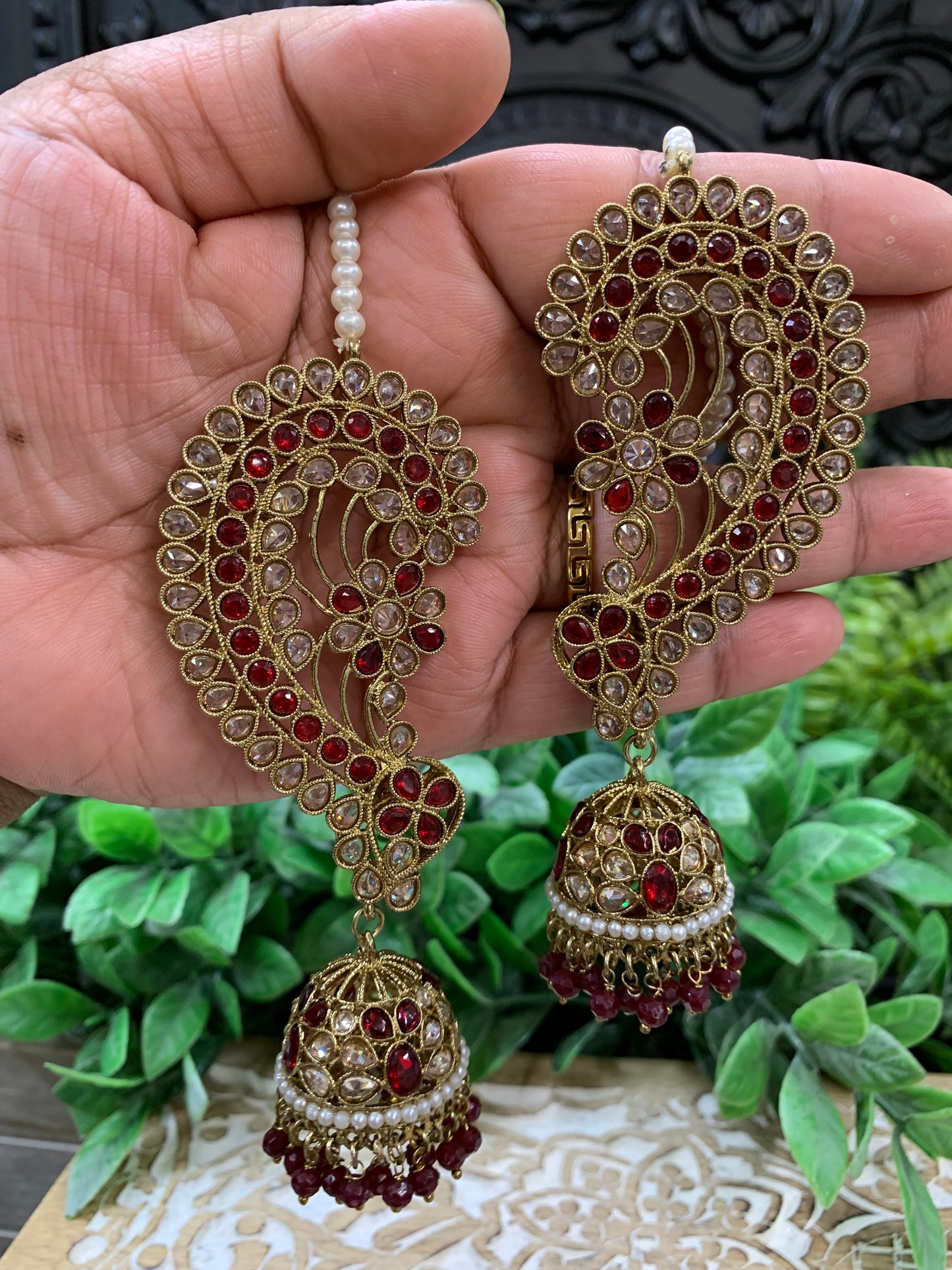 Jacklyn over the ear earring tikka jhumki sahare set maroon burgundy