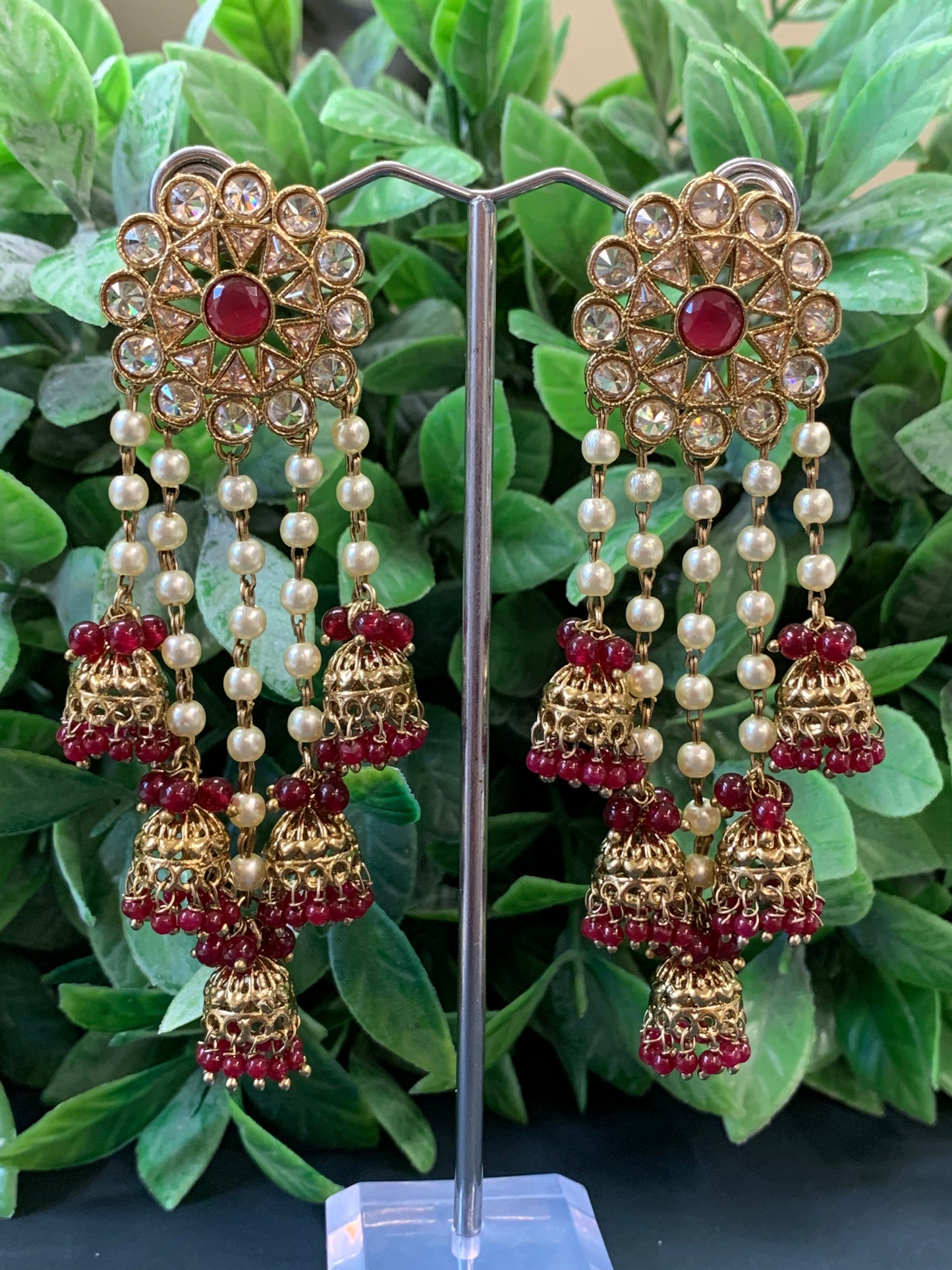 Kalpana polki jhumki earring antique polk/ gold /maroon red/ burgundy