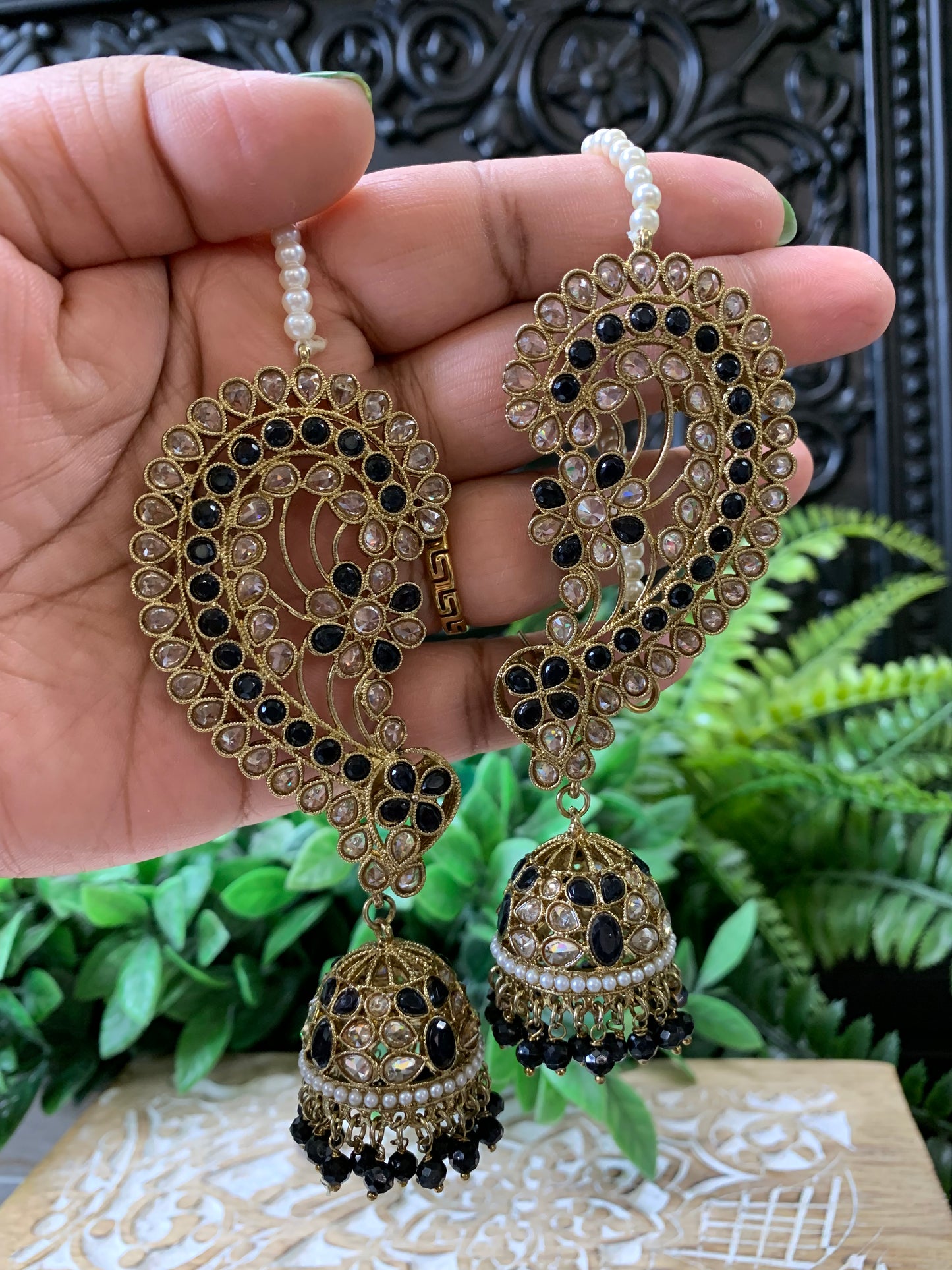 Jacklyn over the ear earring tikka jhumki sahare set black