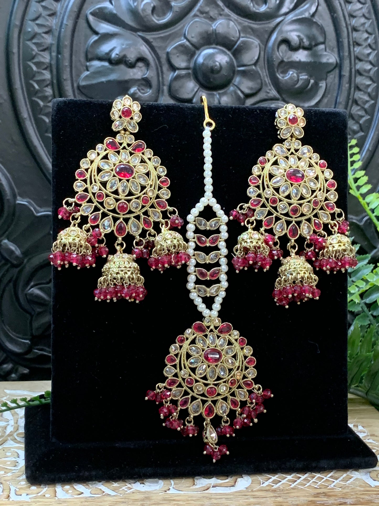 Kiana polki triple jhumki Chandbali style earring with matching tikka cherry red